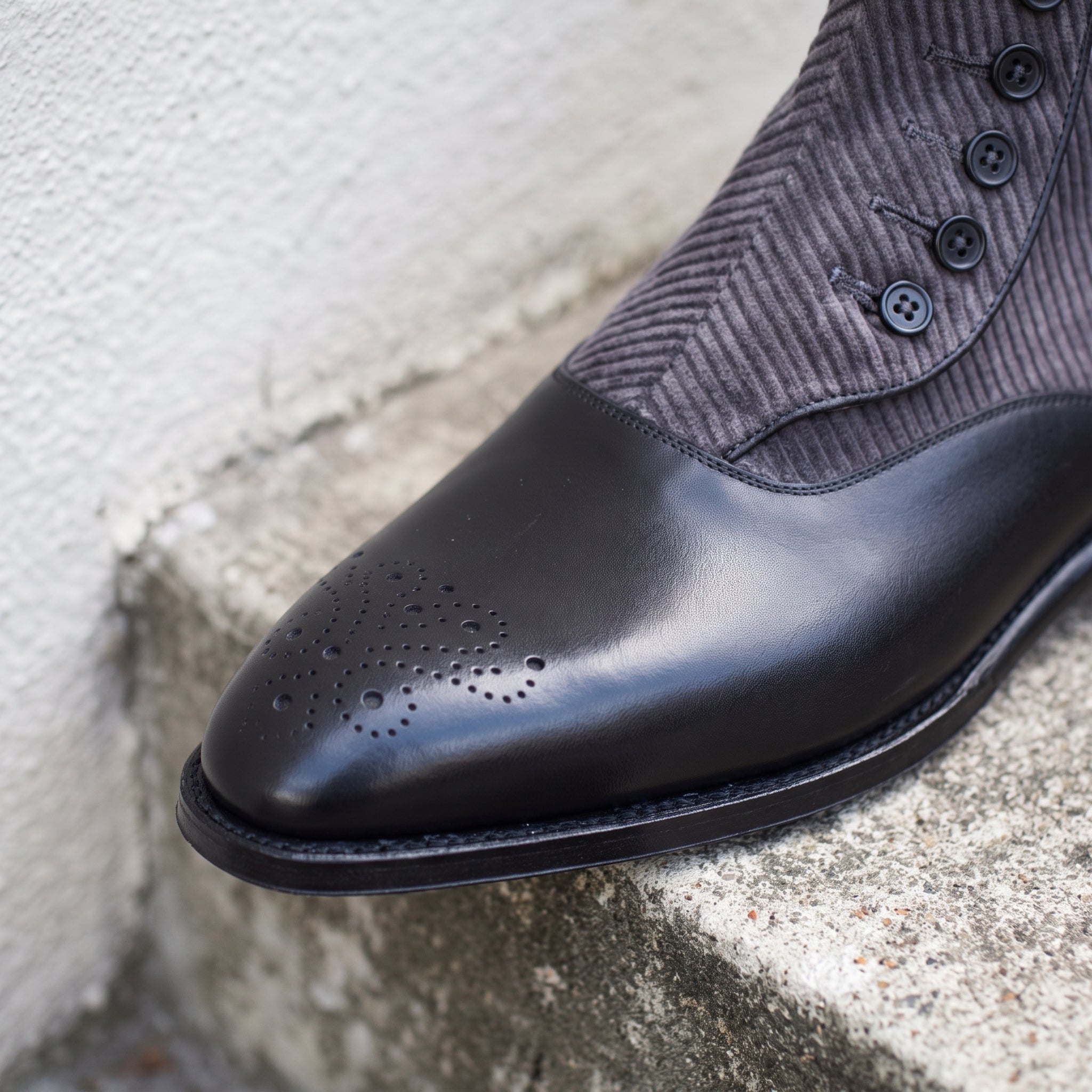 Men's Black and Grey Cap-Toe Leather Button Boots — Frowden