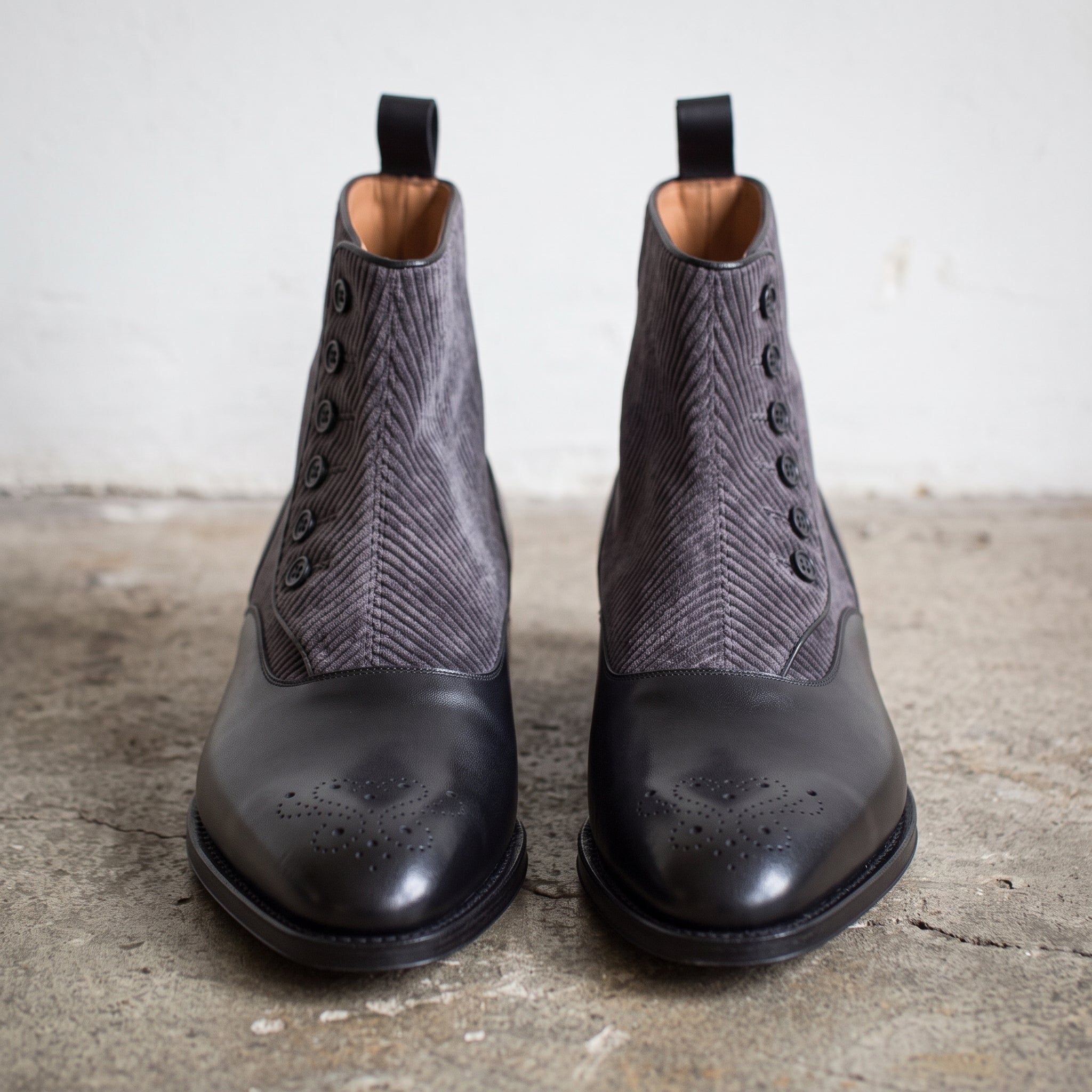 Men's Black and Grey Cap-Toe Leather Button Boots — Frowden
