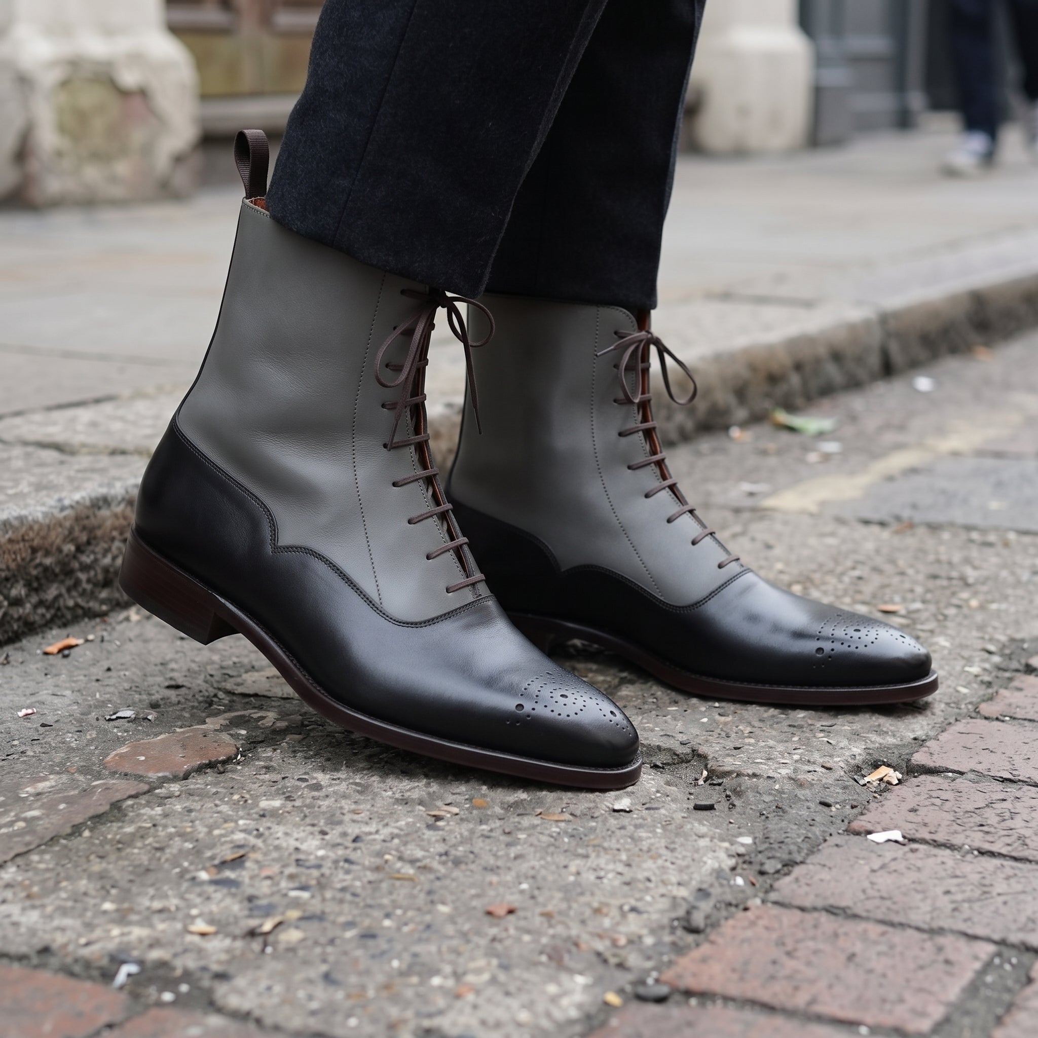 Men's Black and Grey Plain-Toe Leather Ankle Boots — Challow
