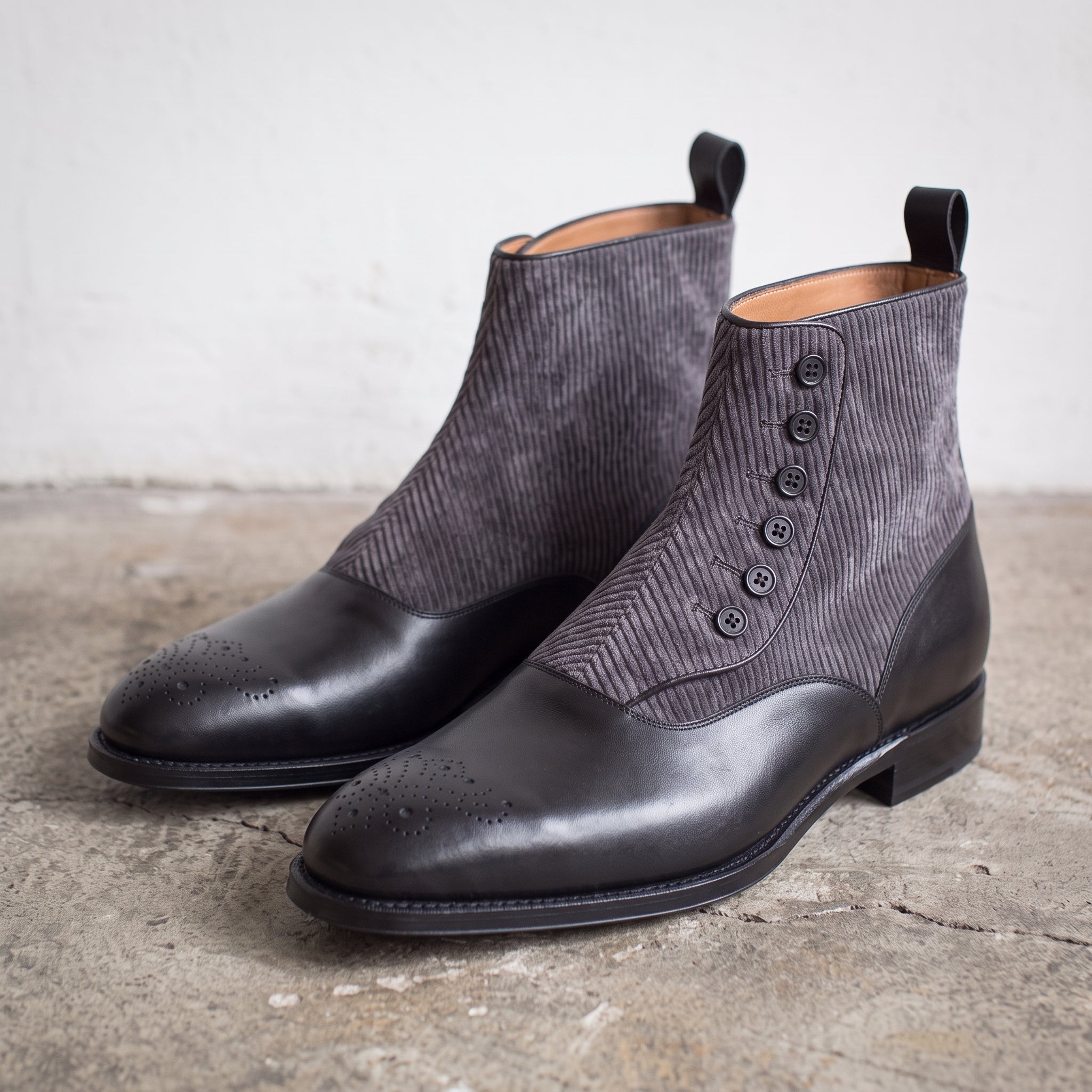Men's Black and Grey Cap-Toe Leather Button Boots — Frowden
