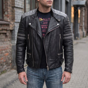 Men's Black and Grey Quilted Leather Perfecto Biker Jacket — Gibson