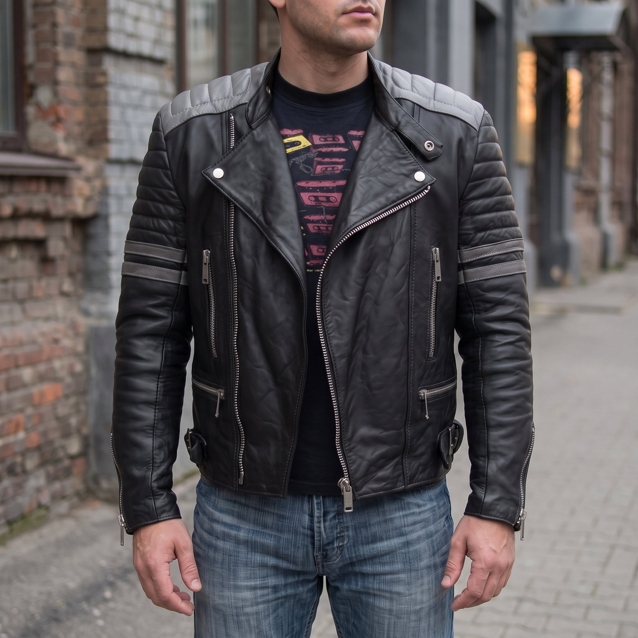Men's Black and Grey Quilted Leather Perfecto Biker Jacket — Gibson