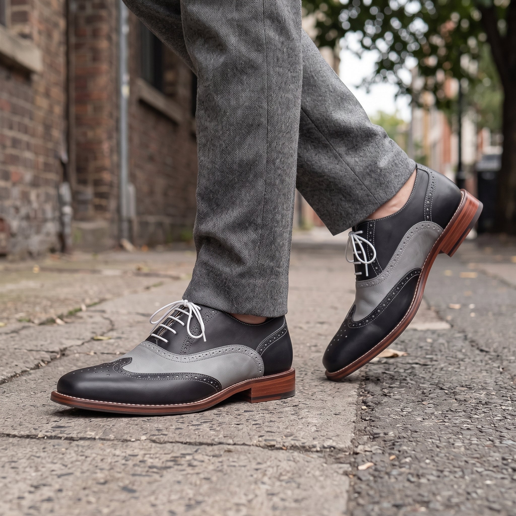 Men's Black and Grey Two-Tone Wingtip Leather Spectator Oxfords — Edgeley