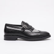 Men's Black and Grey Wingtip Fringe Leather Monk Strap Loafers — Finlay — Finlay