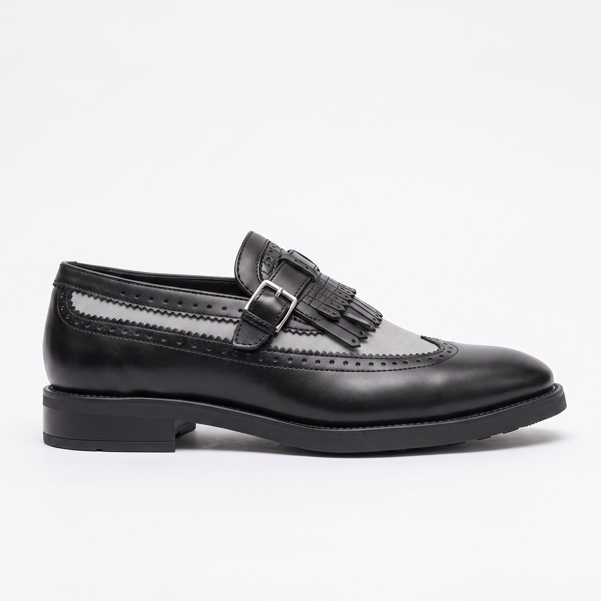 Men's Black and Grey Wingtip Fringe Leather Monk Strap Loafers — Finlay — Finlay