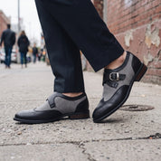 Men's Black Herringbone-Embossed Leather and Wingtip Monk Strap Shoes — Amory
