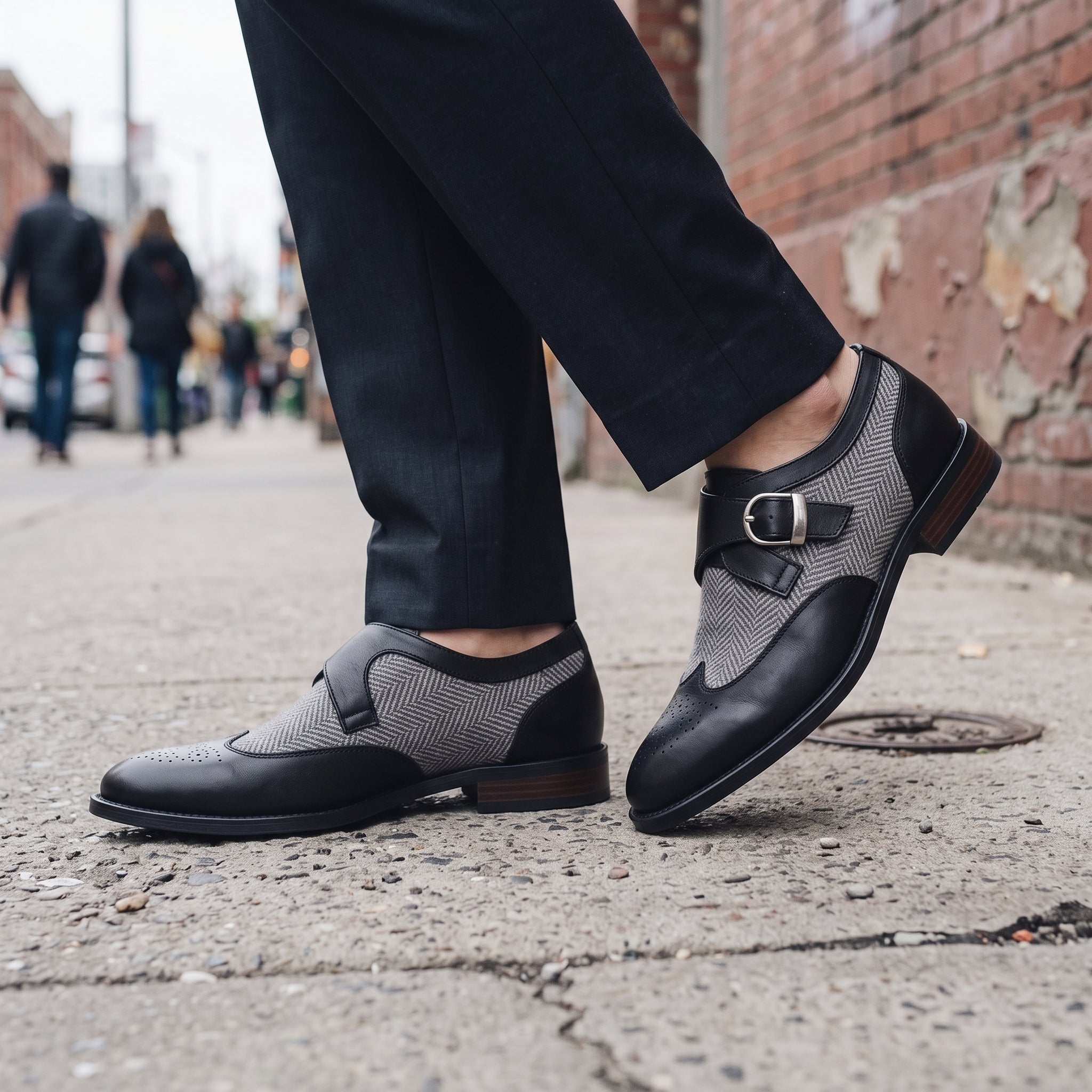 Men's Black Herringbone-Embossed Leather and Wingtip Monk Strap Shoes — Amory