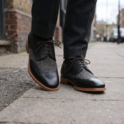 Men's Black and Grey Wingtip Leather and Tweed Derbys — Primrose