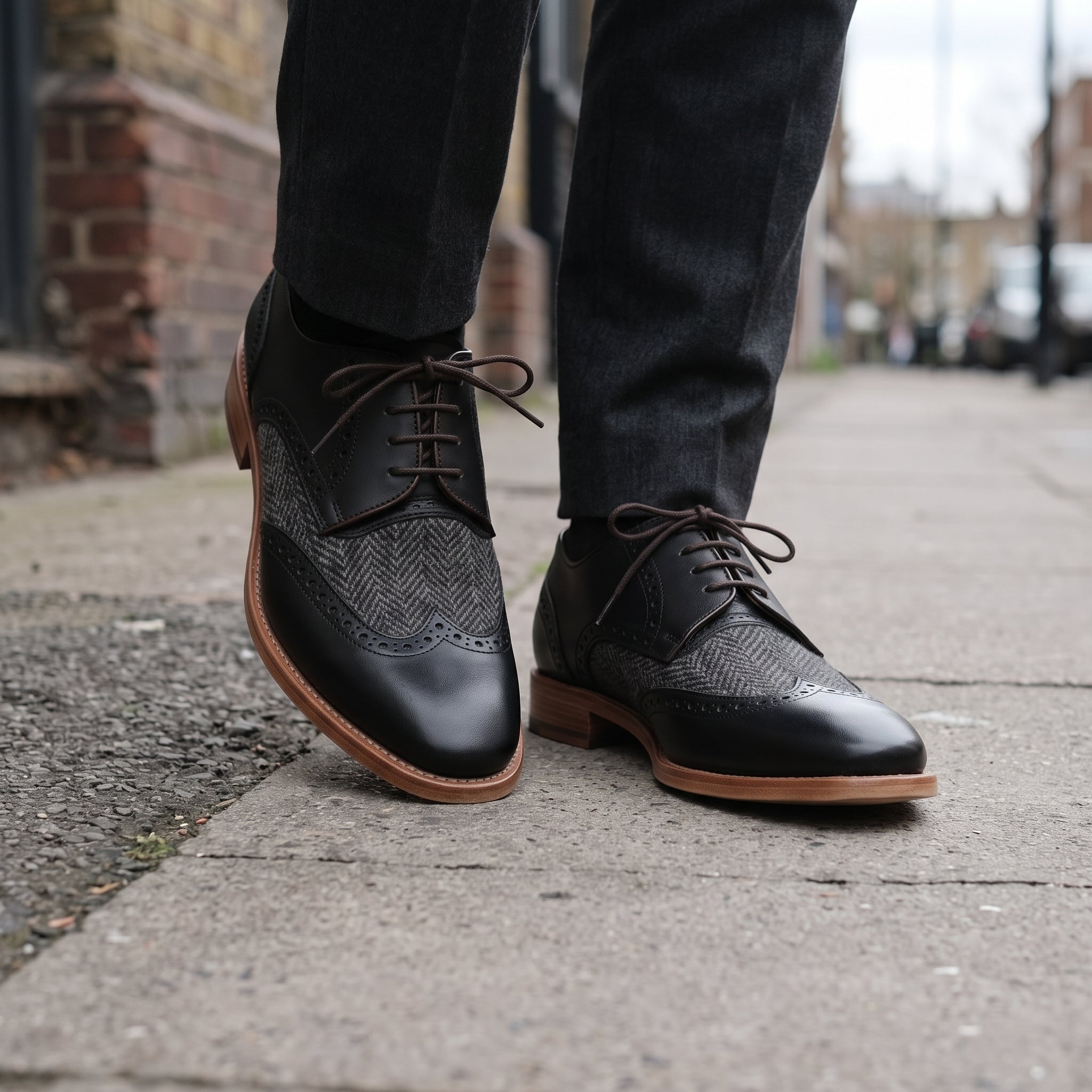 Men's Black and Grey Wingtip Leather and Tweed Derbys — Primrose