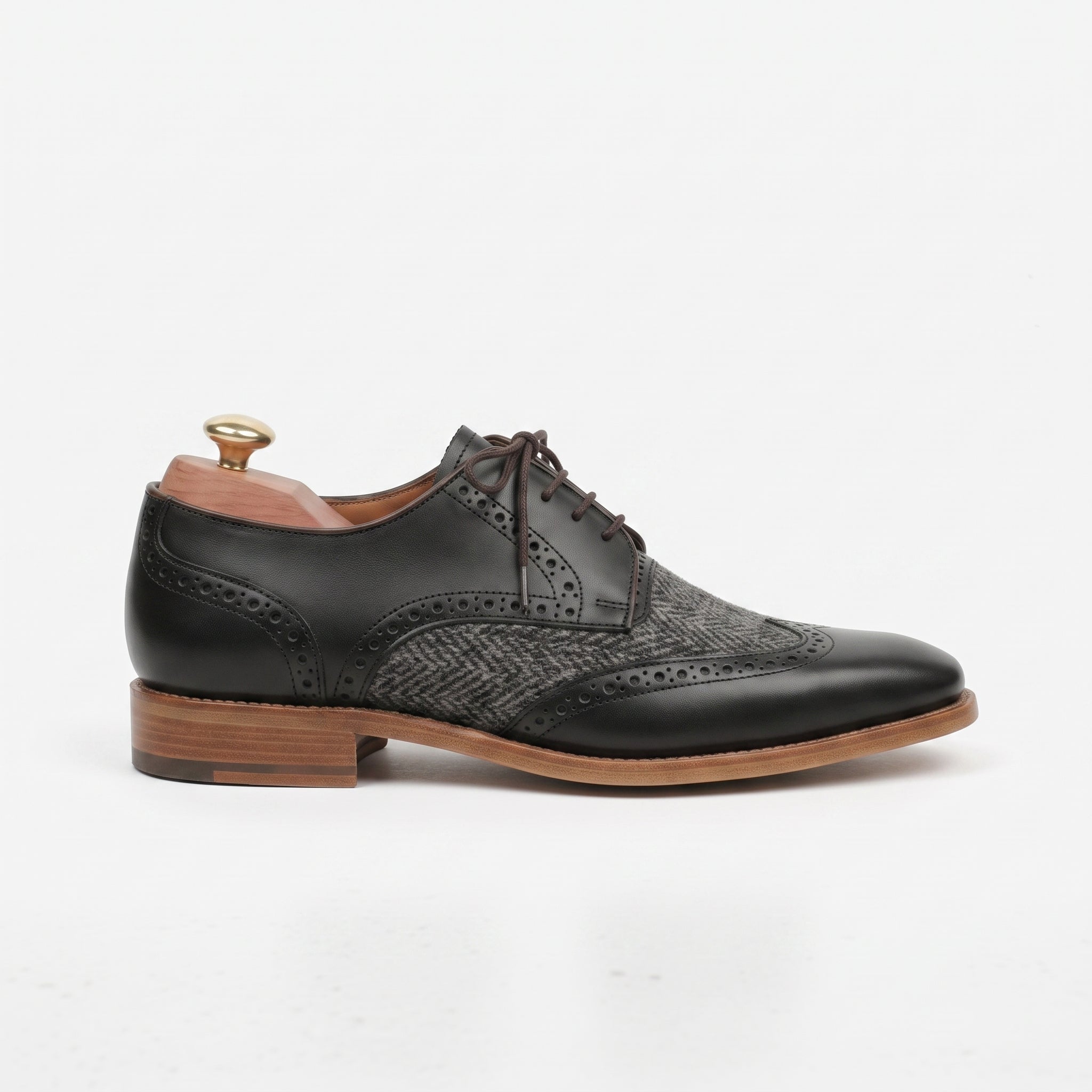 Men's Black and Grey Wingtip Leather and Tweed Derbys — Primrose