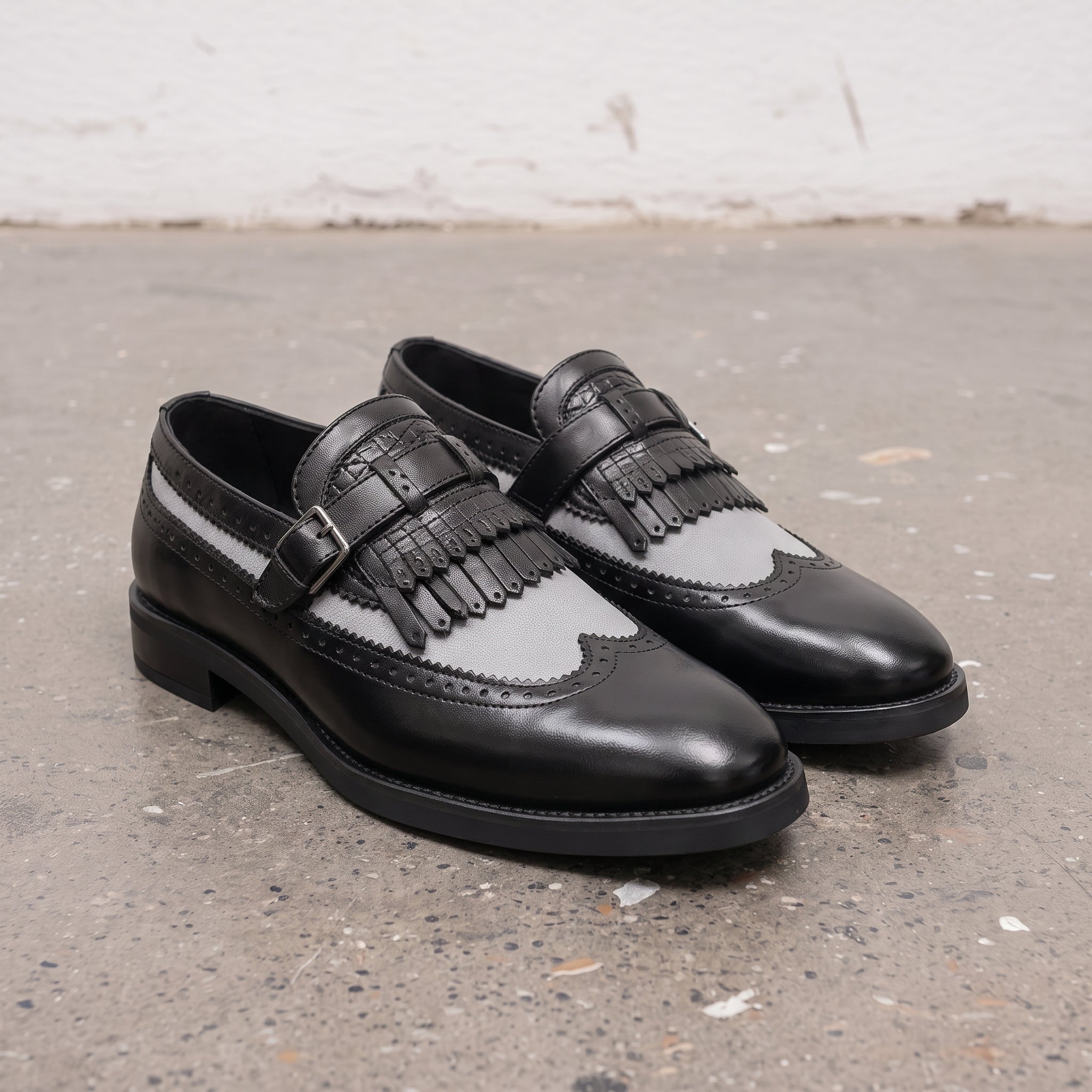 Men's Black and Grey Wingtip Fringe Leather Monk Strap Loafers — Finlay — Finlay
