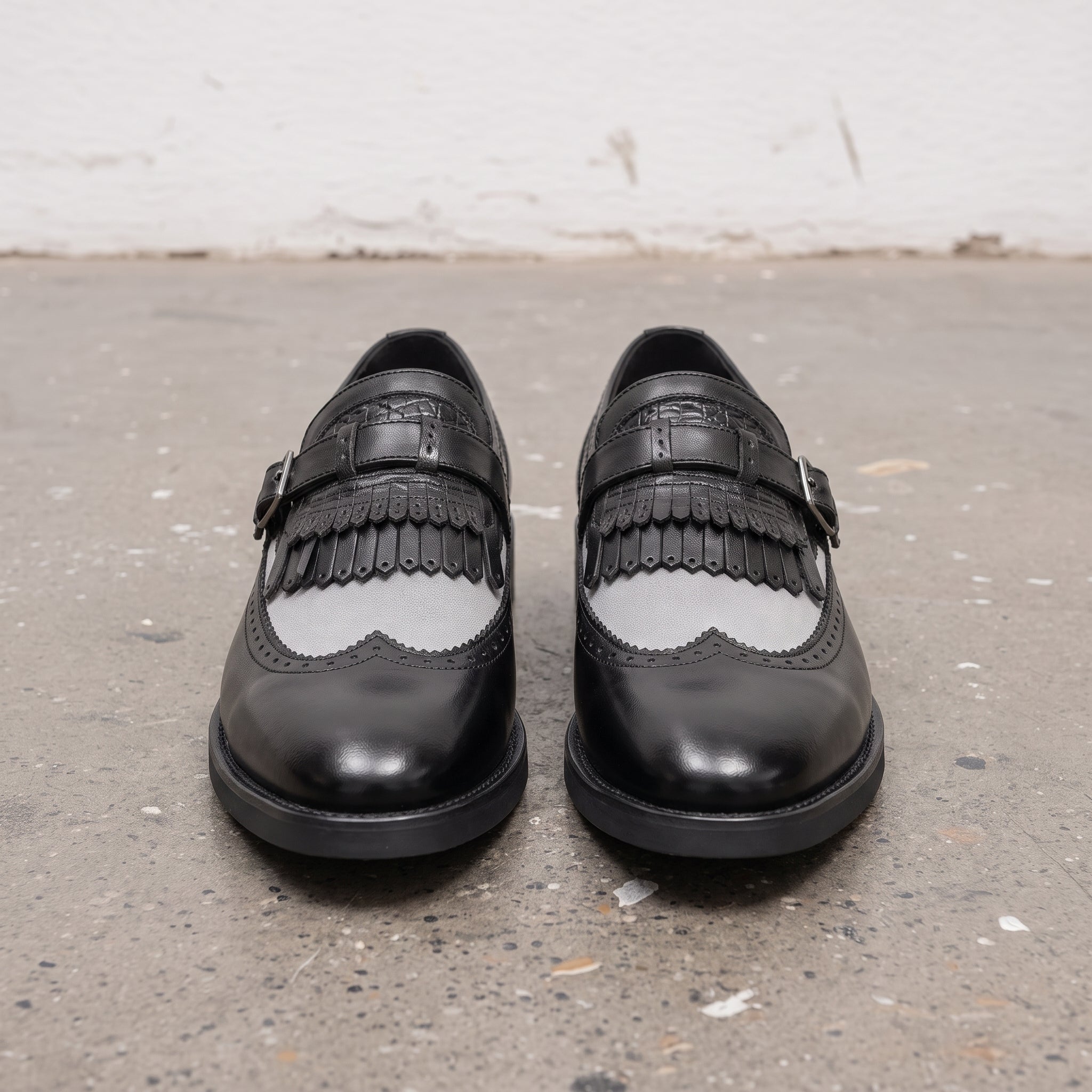 Men's Black and Grey Wingtip Fringe Leather Monk Strap Loafers — Finlay — Finlay