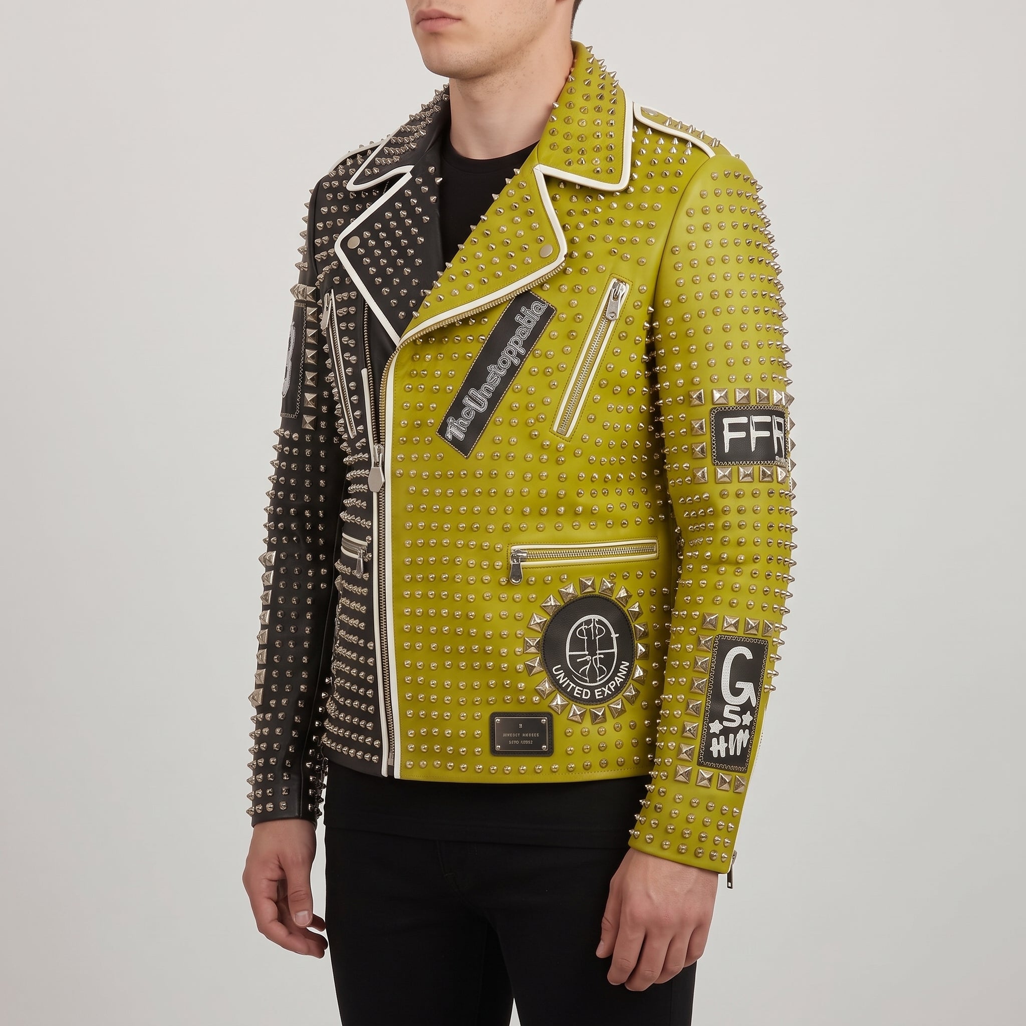 Men's Black and Lime Green Studded Leather Biker Jacket — Ardmore