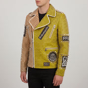 Men's Tan and Lime Green Studded Leather Biker Jacket — Ardmore