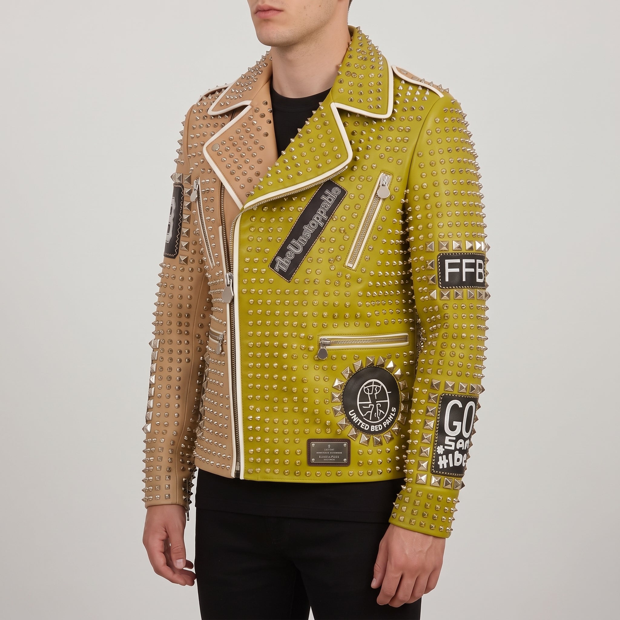 Men's Tan and Lime Green Studded Leather Biker Jacket — Ardmore