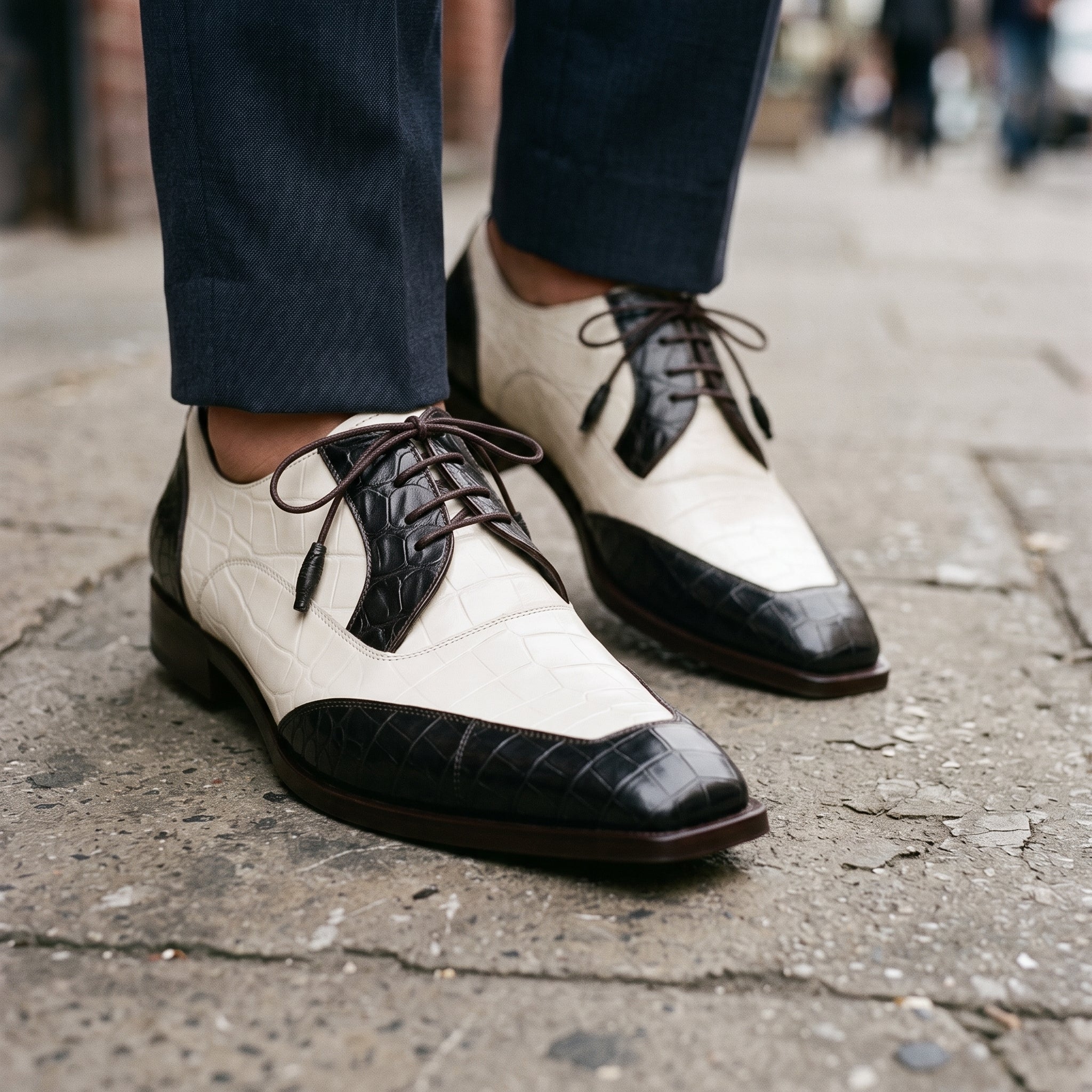 Men's Black and Off-White Crocodile-Embossed Leather Spectator Derby Shoes — Birkdale