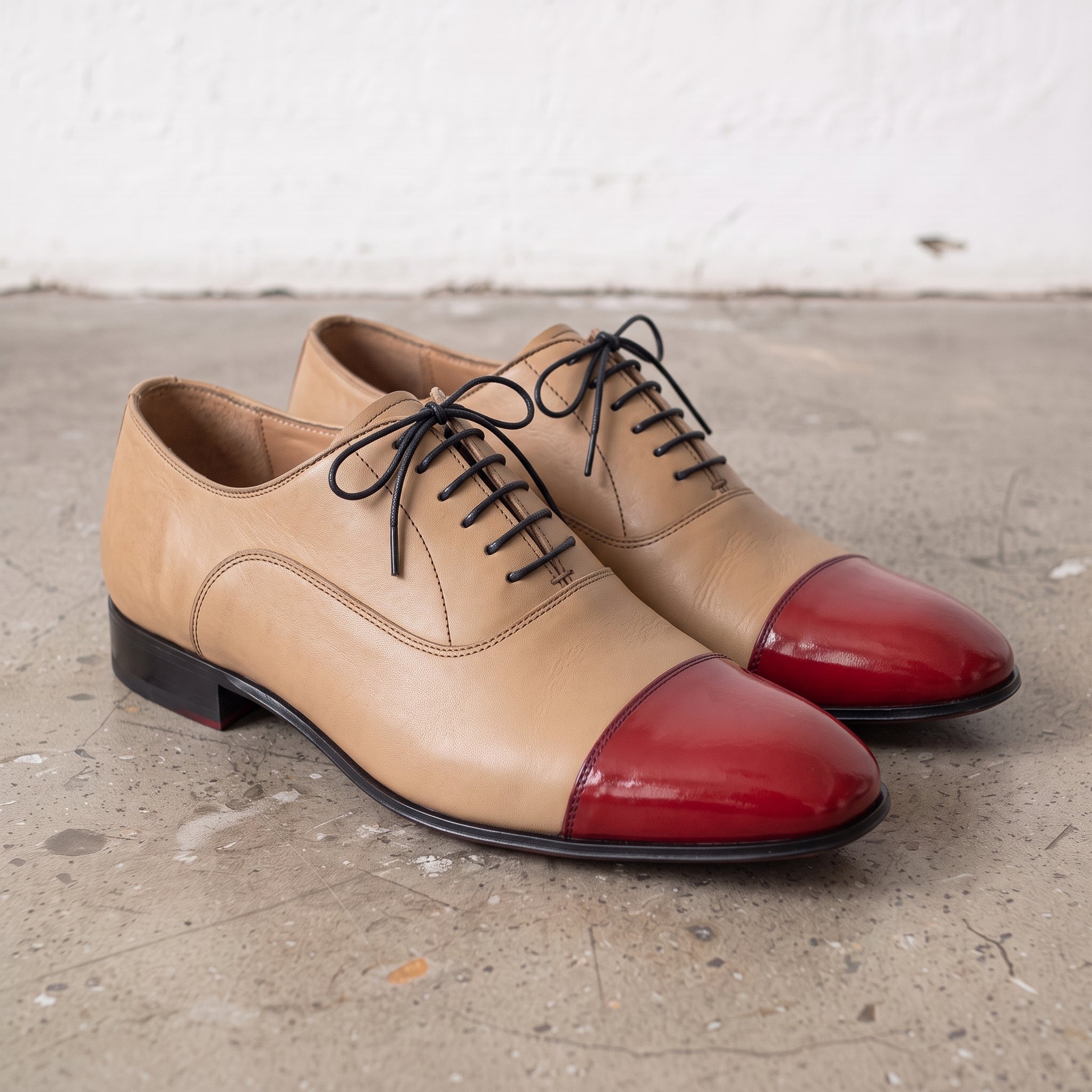 Men's Tan and Red Cap-Toe Leather Oxfords — Kenley