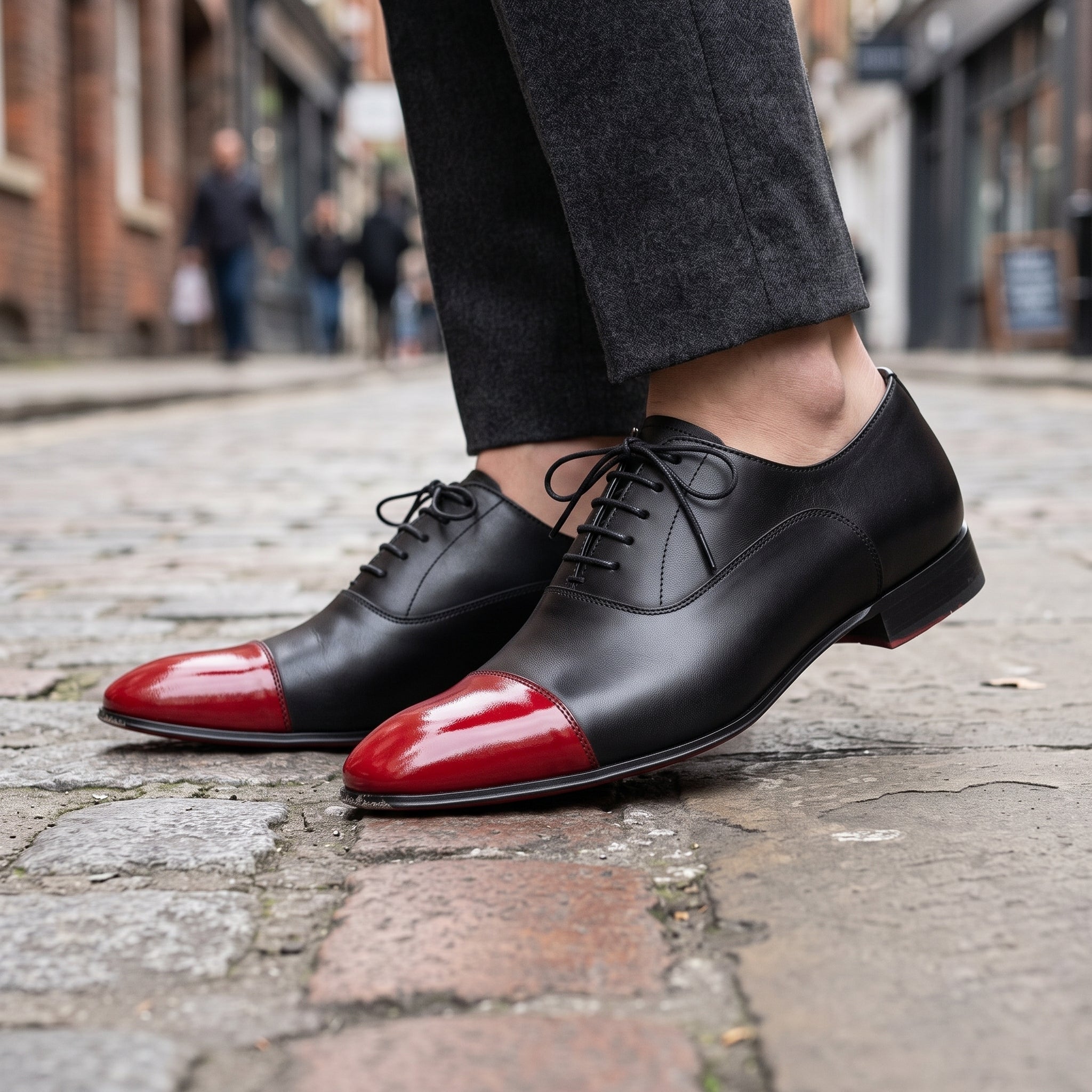 Men's Black and Red Cap-Toe Leather Oxfords — Kenley