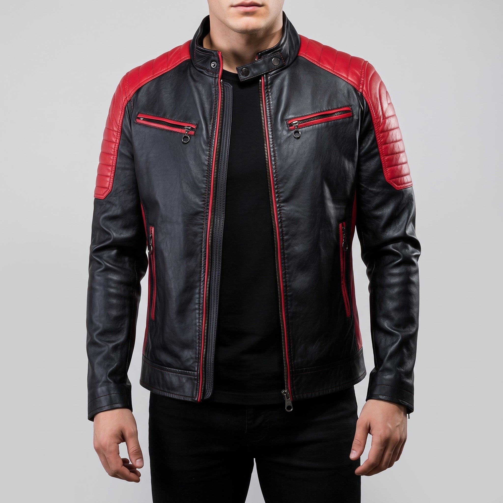 Men's Black and Red Leather Biker Jacket — Egremont