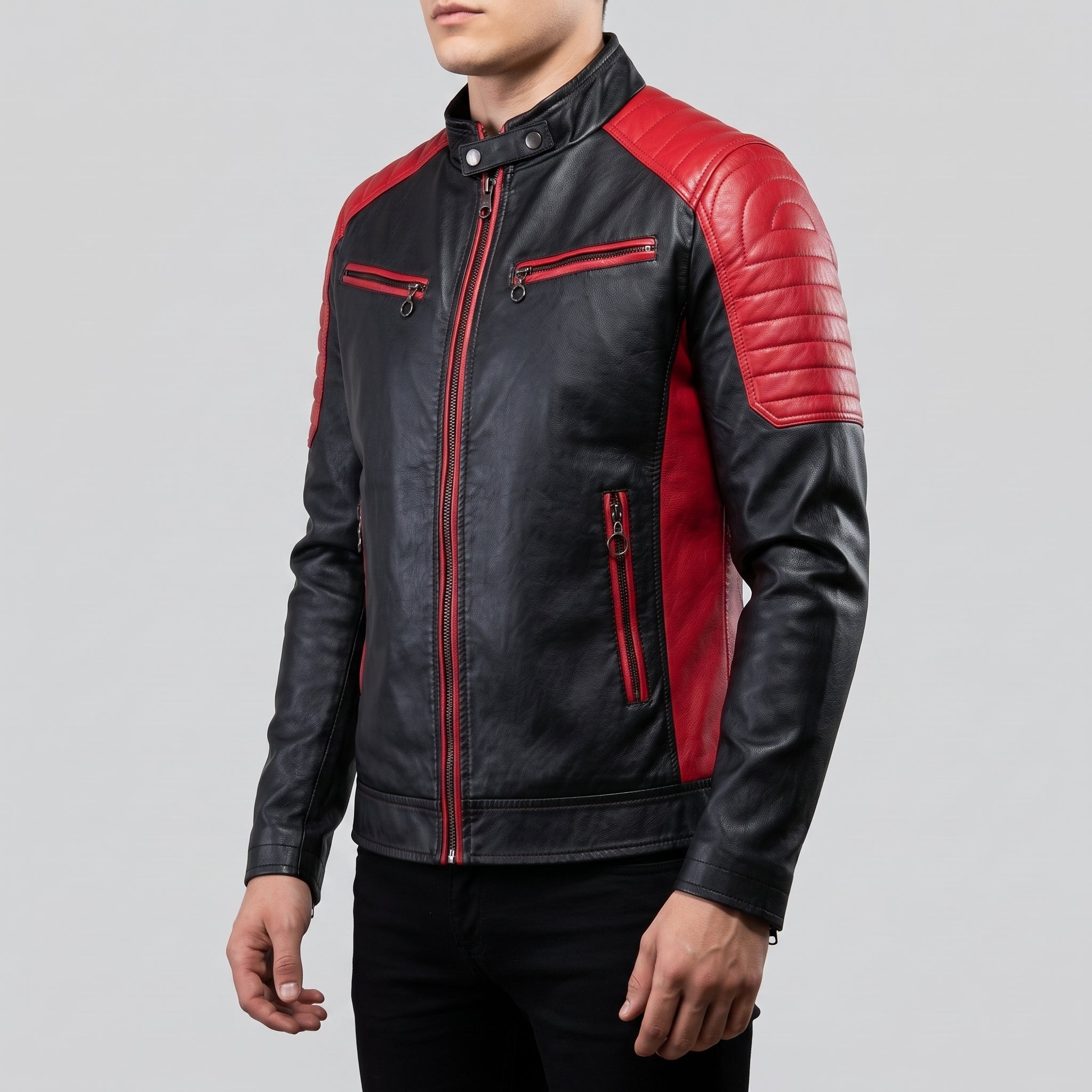 Men's Black and Red Leather Biker Jacket — Egremont