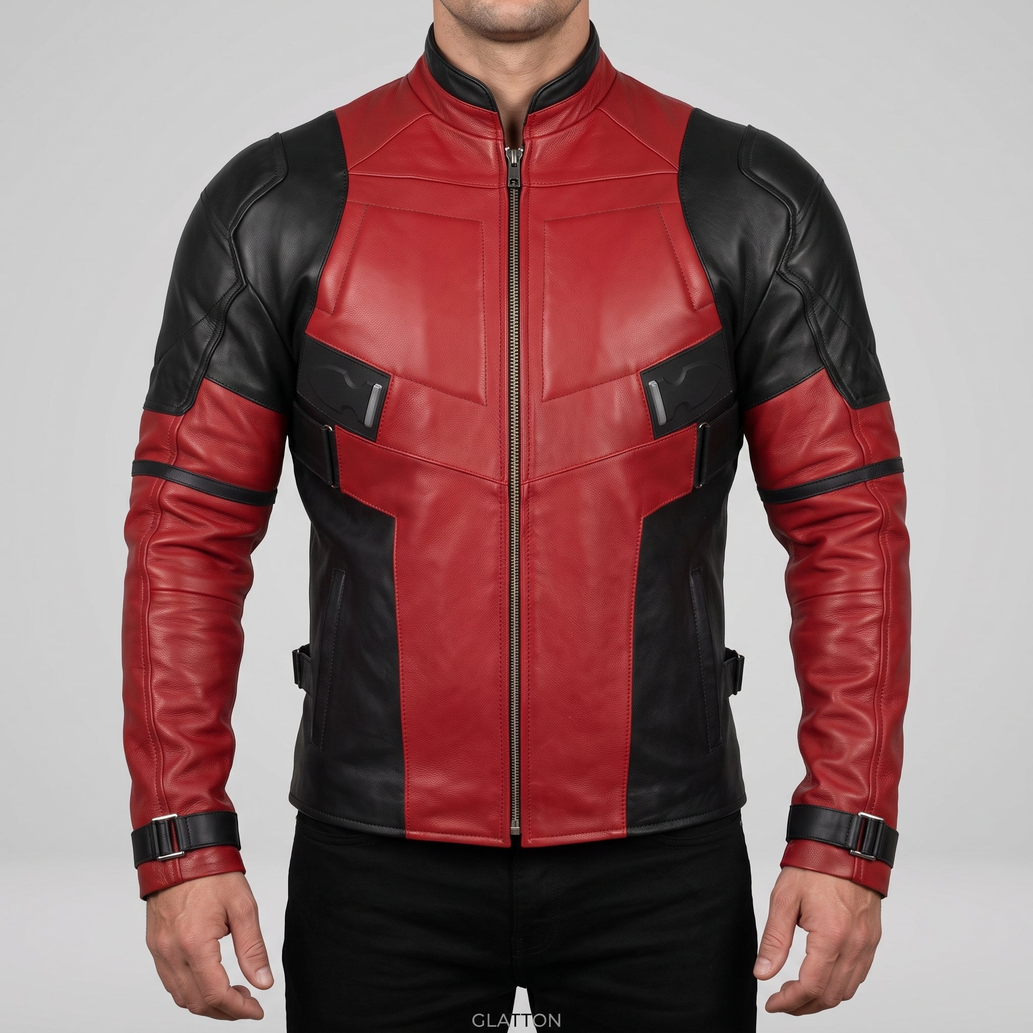 Men's Black and Red Leather Biker Jacket — Glatton