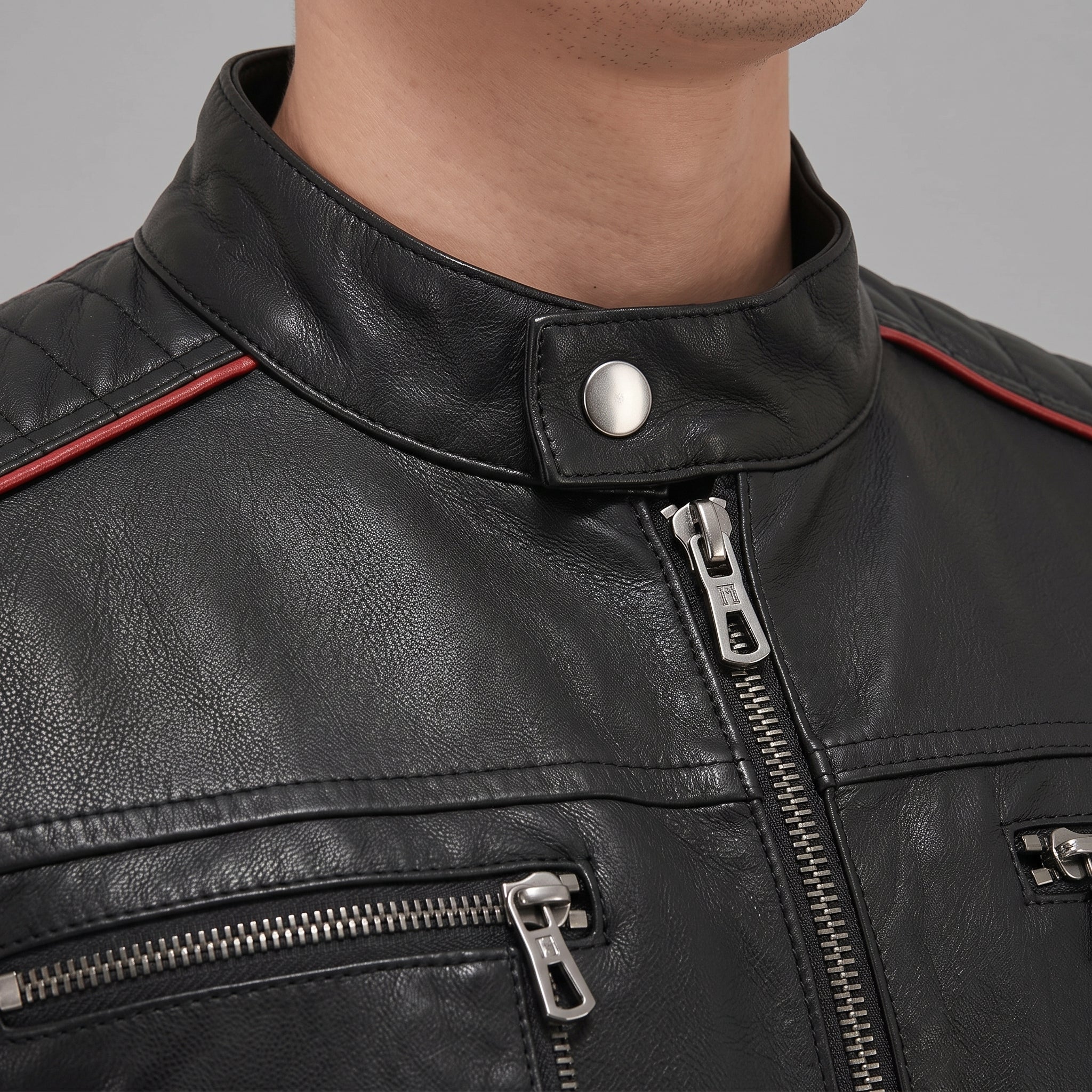 Men's Black and Red Leather Biker Jacket — Hanbury