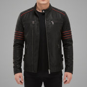 Men's Black and Red Leather Biker Jacket — Hanbury