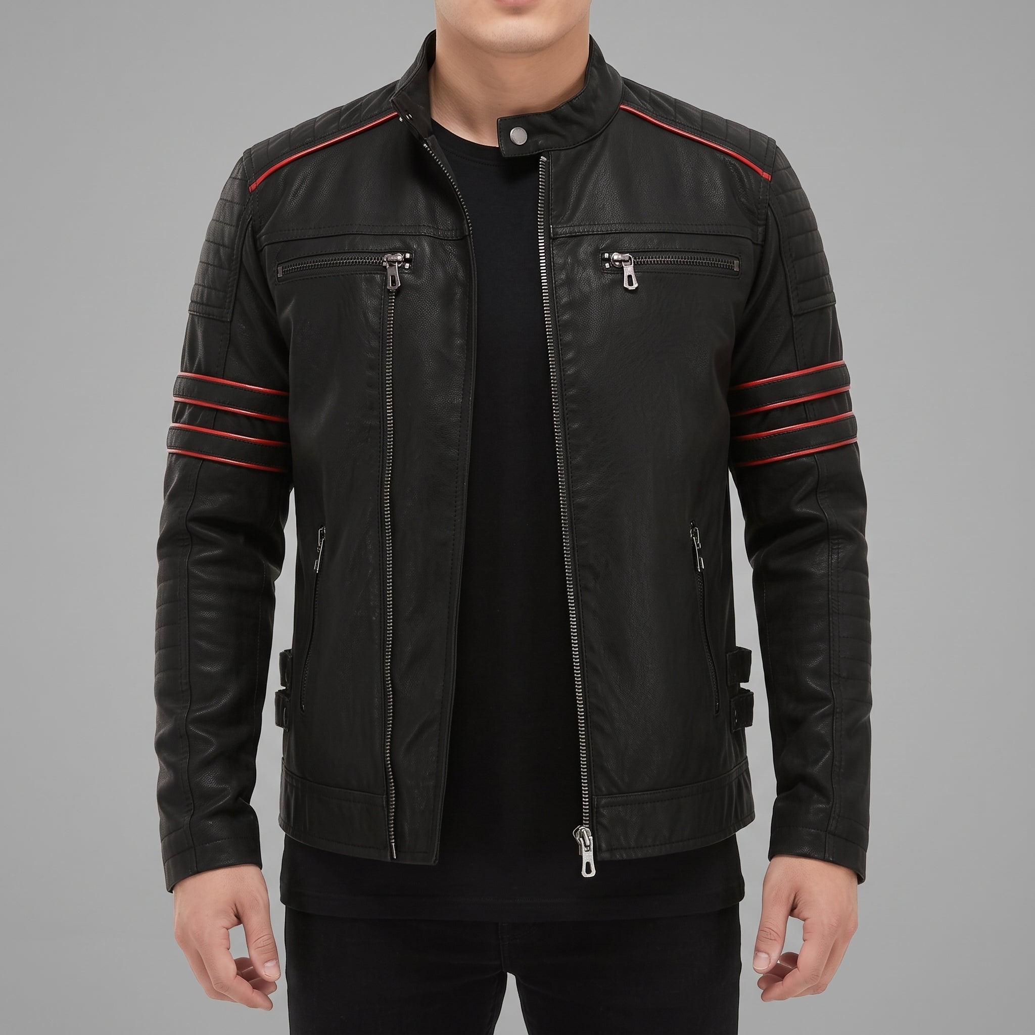 Men's Black and Red Leather Biker Jacket — Hanbury