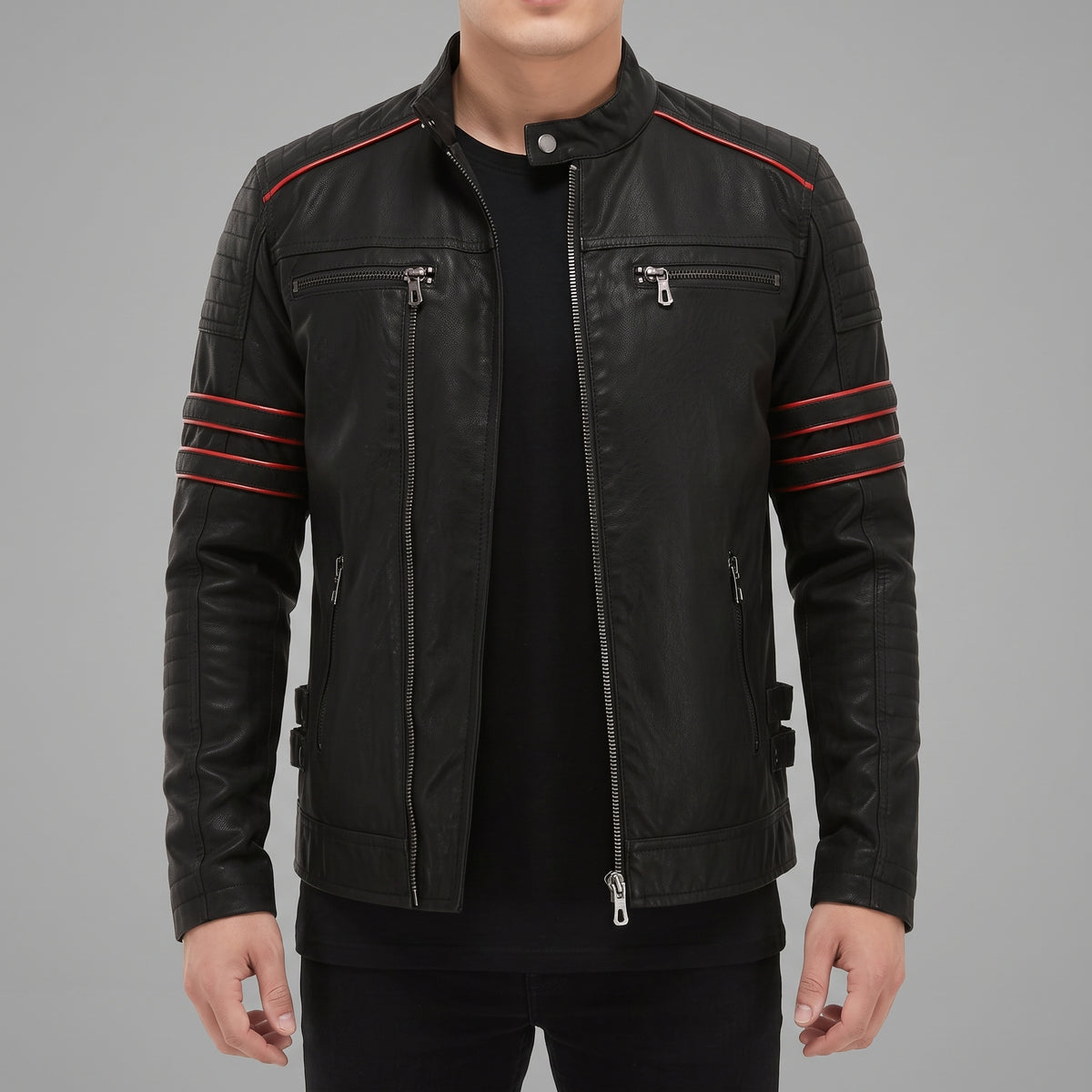 Hanbury Black and Red Leather Biker Jacket