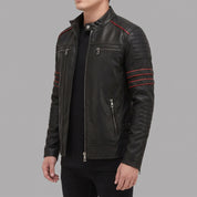 Men's Black and Red Leather Biker Jacket — Hanbury