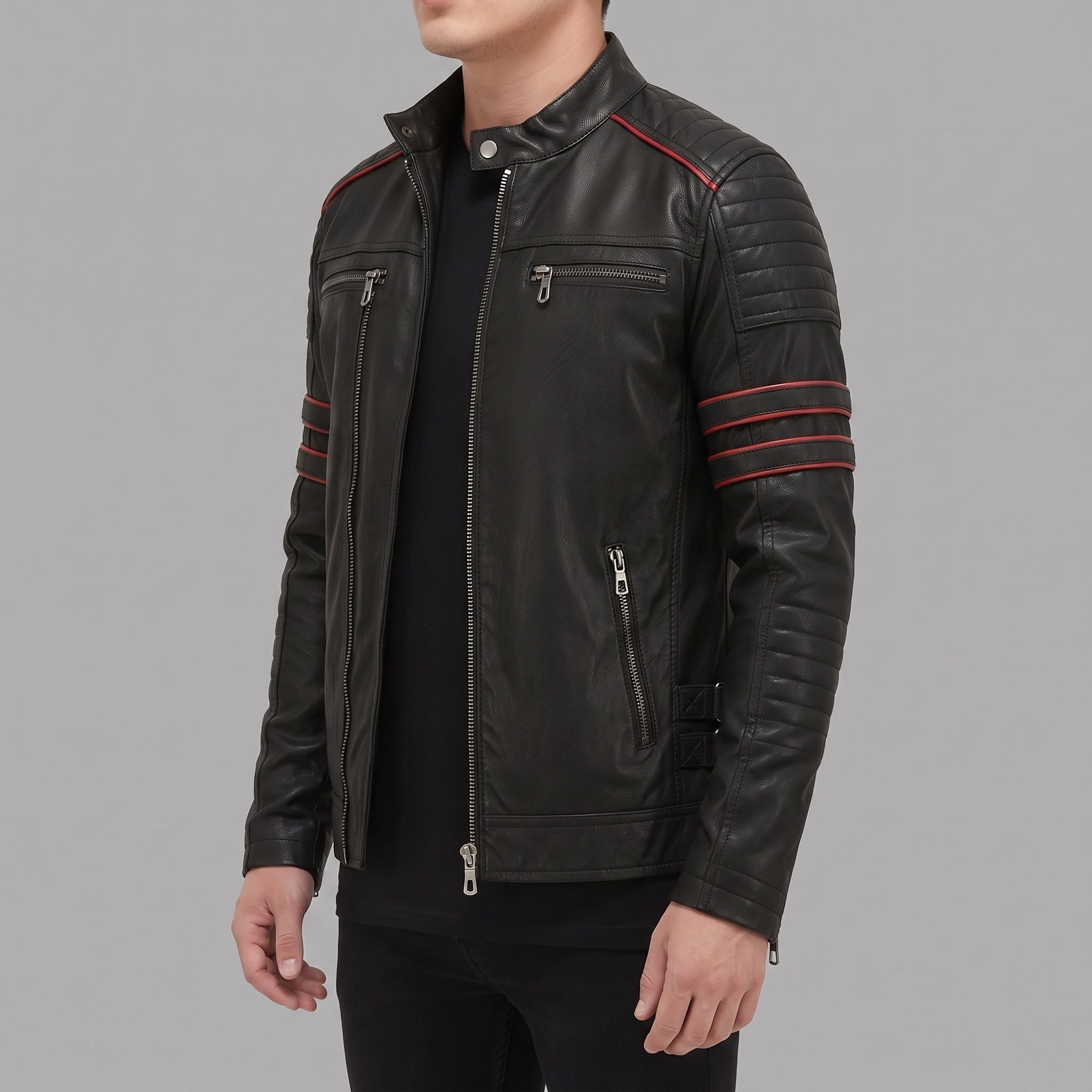 Men's Black and Red Leather Biker Jacket — Hanbury