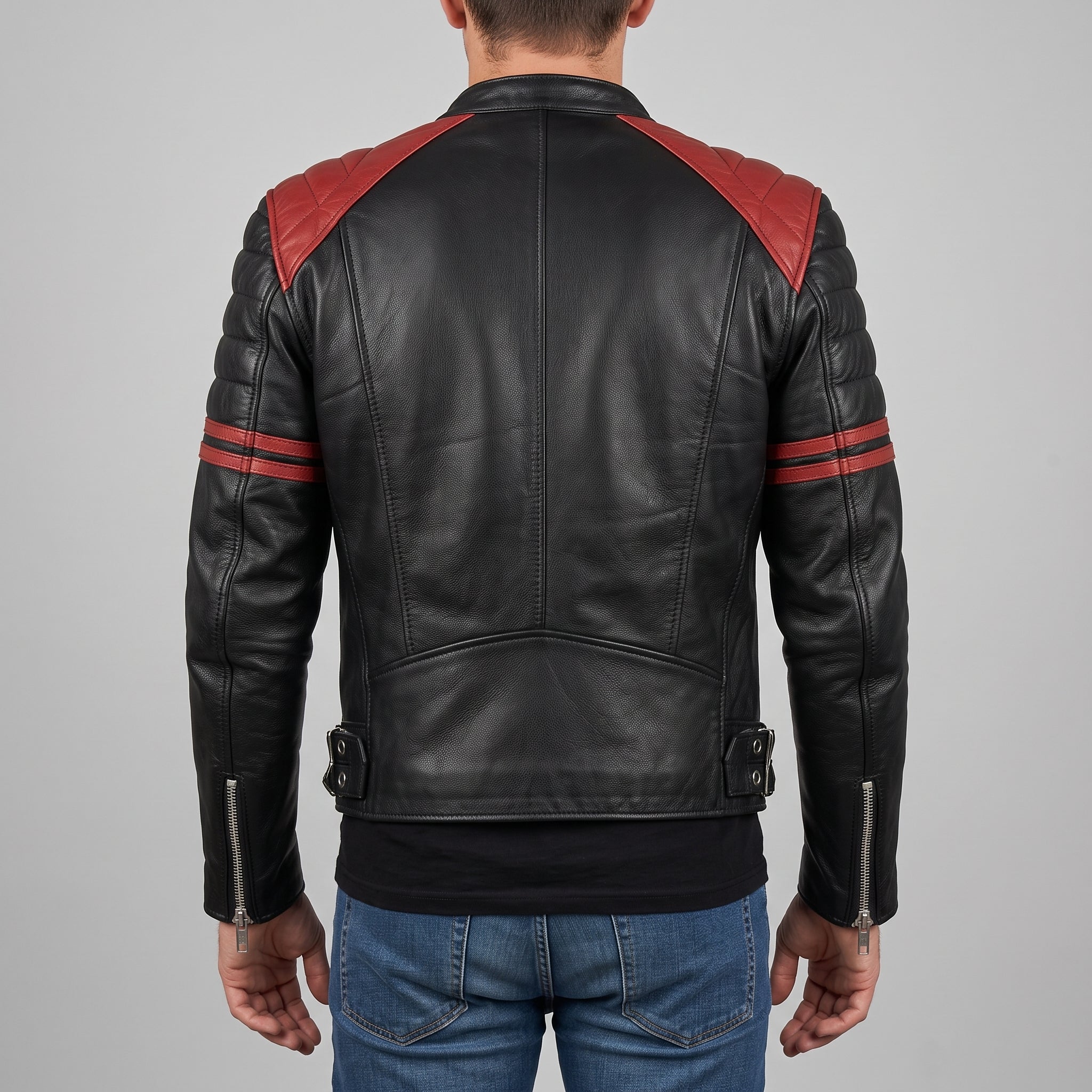 Men's Black and Red Leather Biker Jacket — Holtby