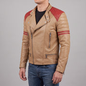 Men's Tan and Red Leather Biker Jacket — Holtby