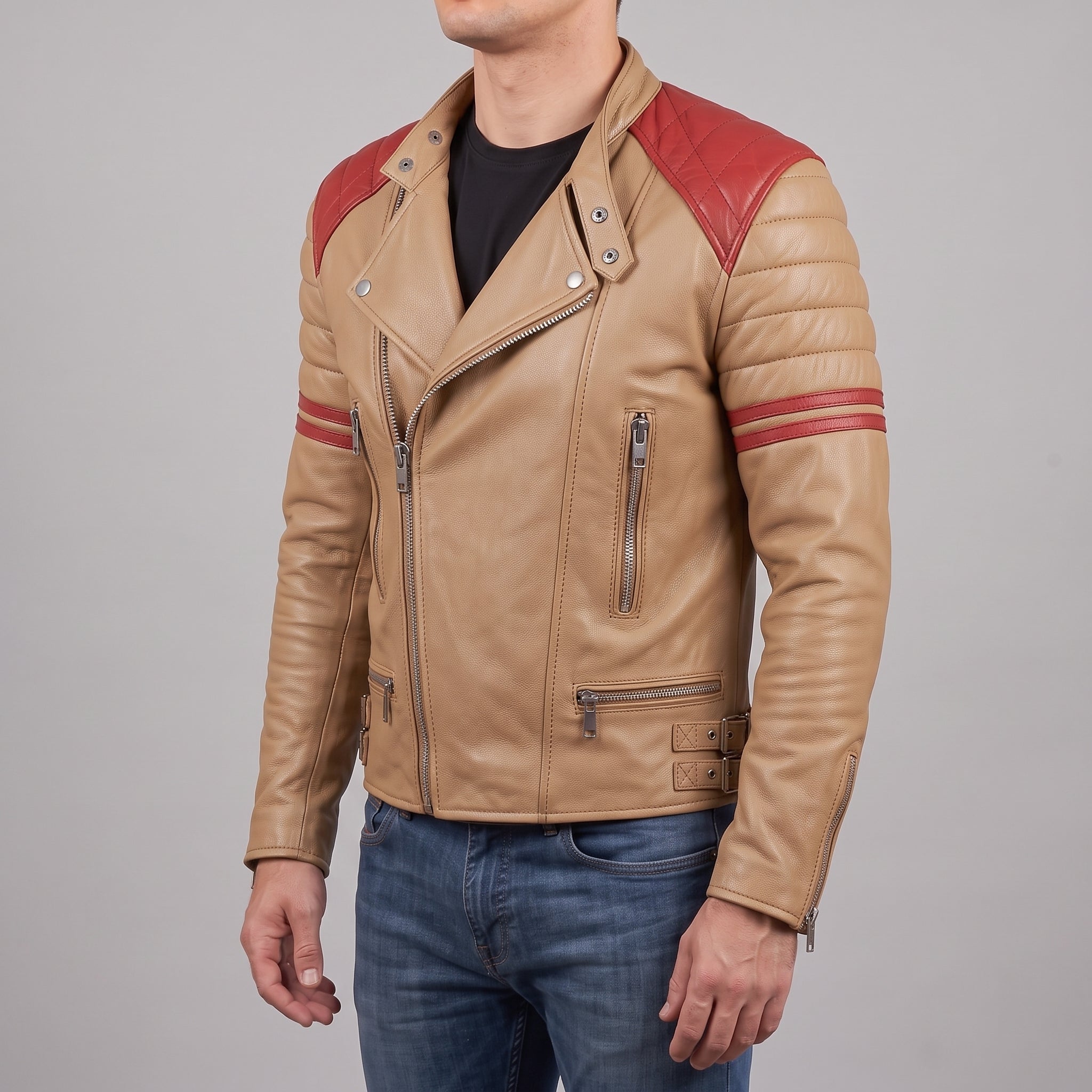 Men's Tan and Red Leather Biker Jacket — Holtby