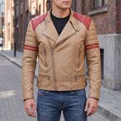 Men's Tan and Red Leather Biker Jacket — Holtby