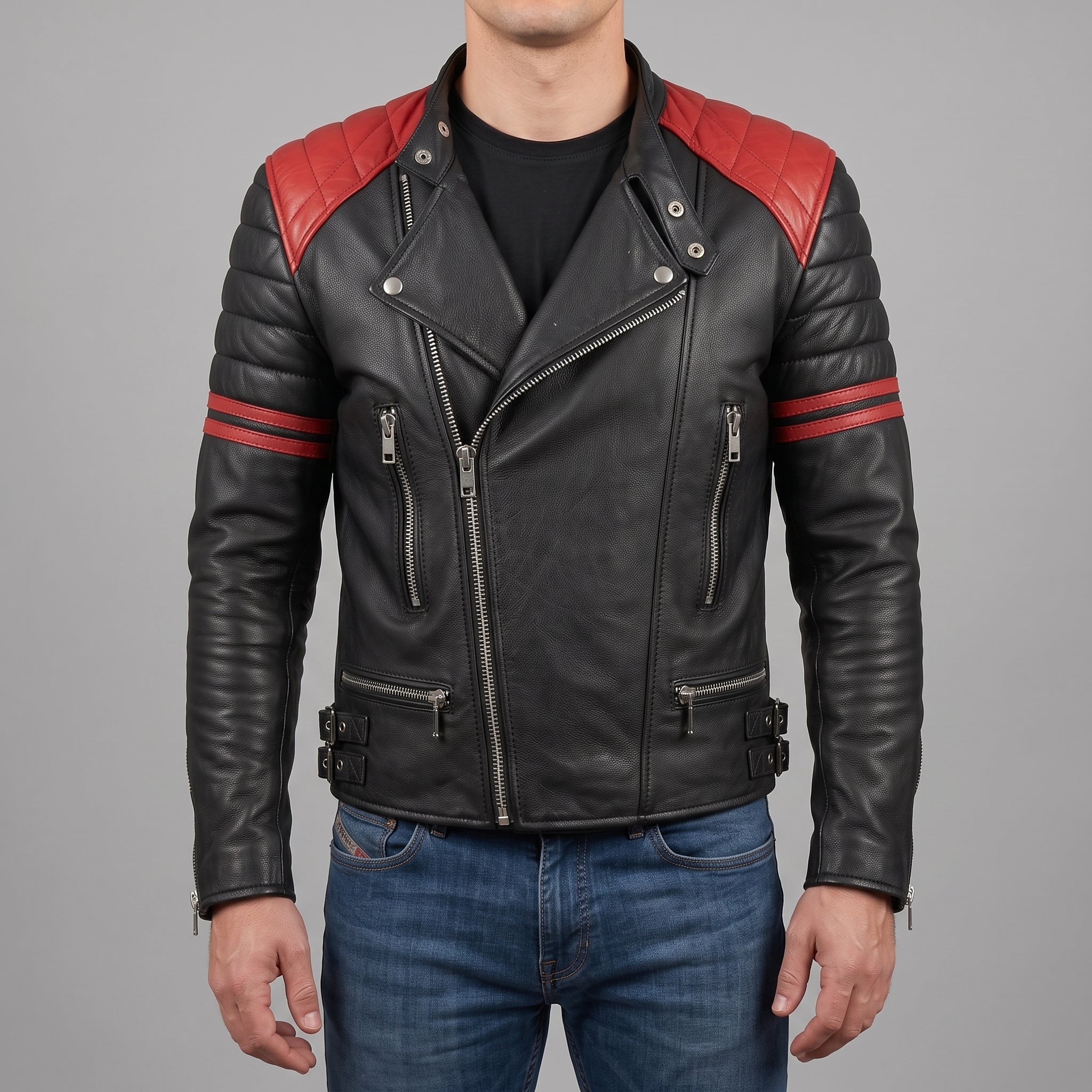 Men's Black and Red Leather Biker Jacket — Holtby