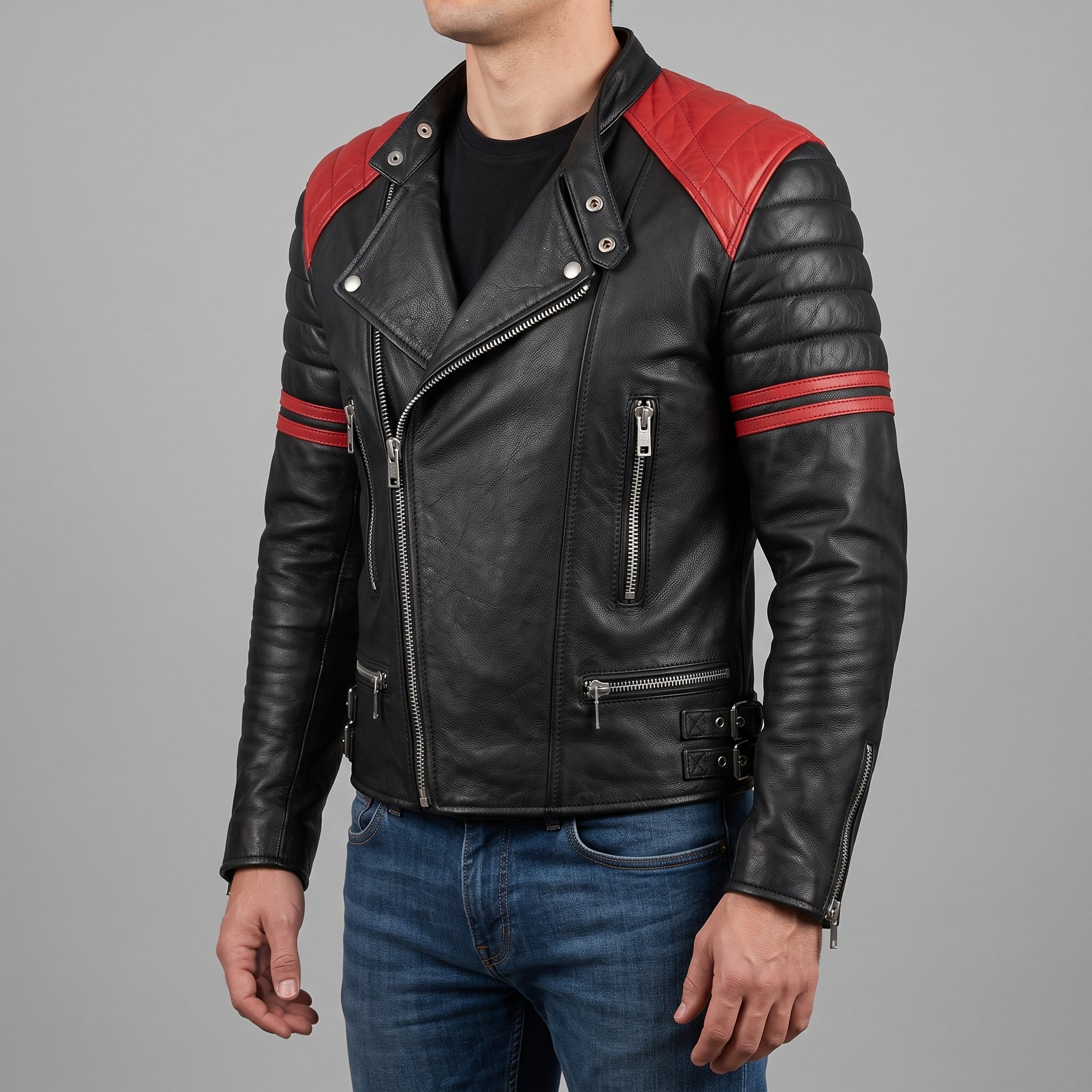Men's Black and Red Leather Biker Jacket — Holtby