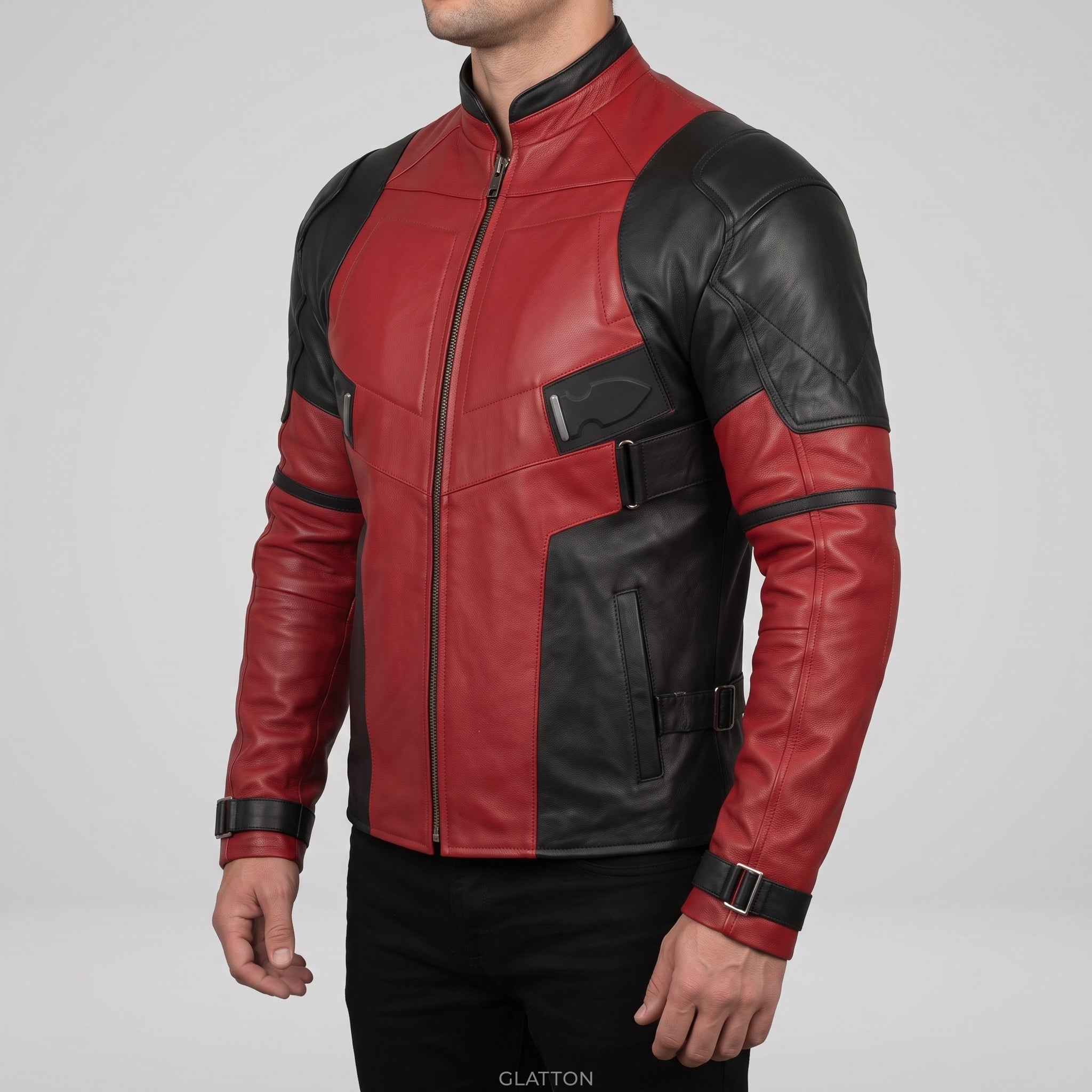 Men's Black and Red Leather Biker Jacket — Glatton