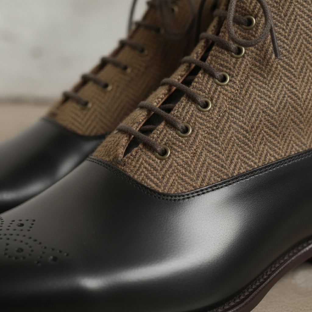 Men's Black and Tan Herringbone-Embossed Leather Plain-Toe Oxford Boots — Hopwell