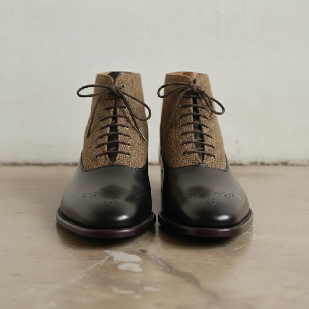 Men's Black and Tan Herringbone-Embossed Leather Plain-Toe Oxford Boots — Hopwell