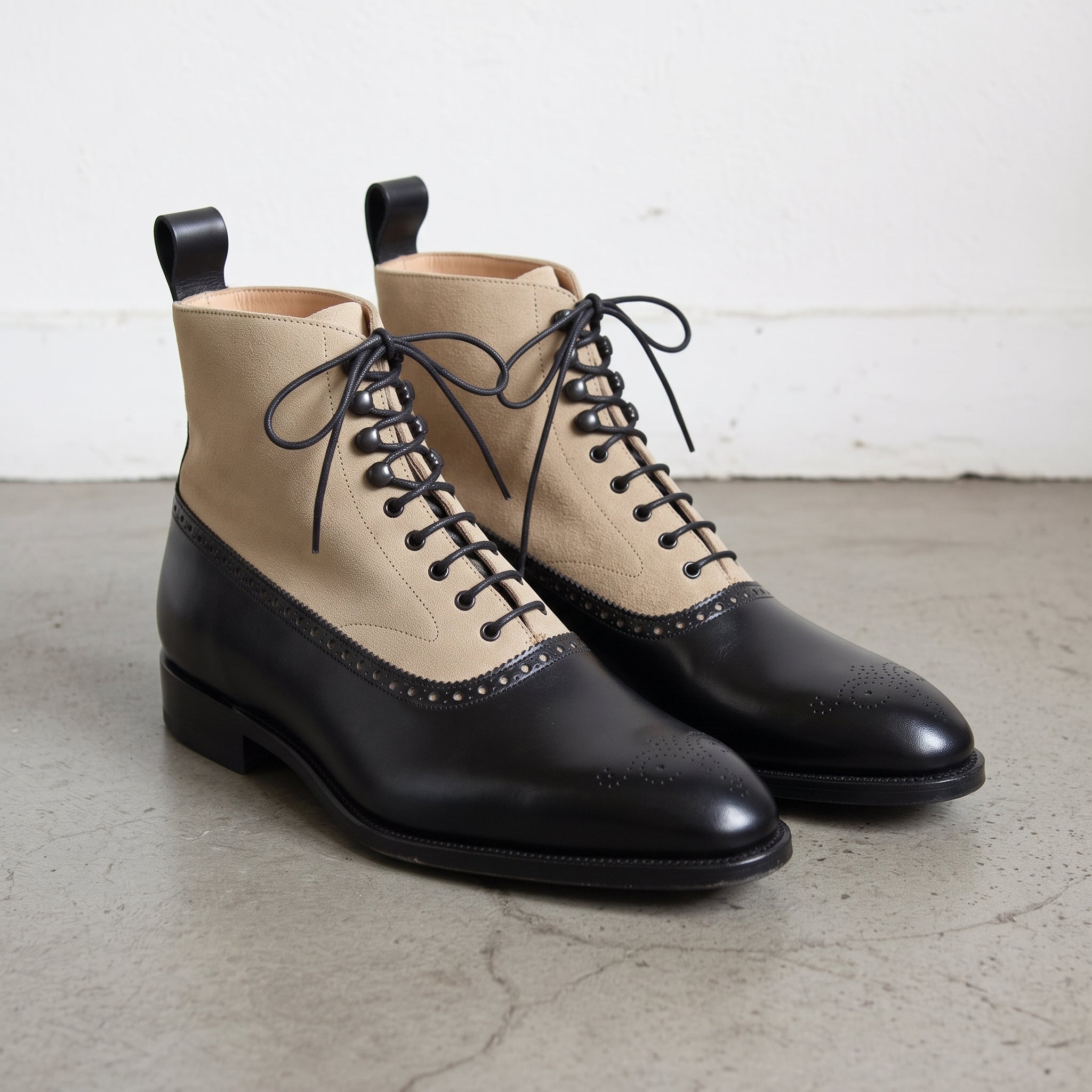 Men's Black and Tan Two-Tone Cap-Toe Leather and Suede Oxford Boots — Binham