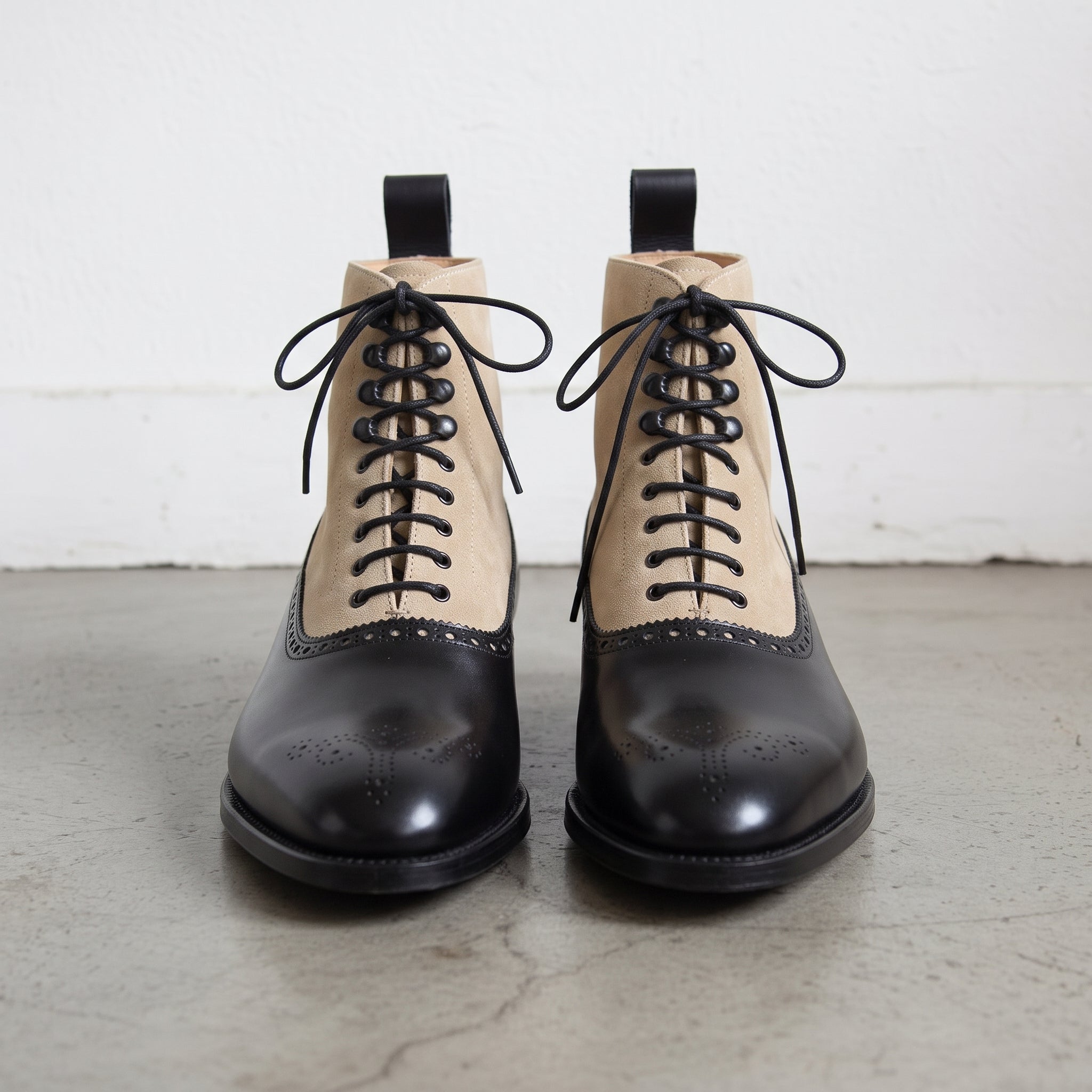Men's Black and Tan Two-Tone Cap-Toe Leather and Suede Oxford Boots — Binham