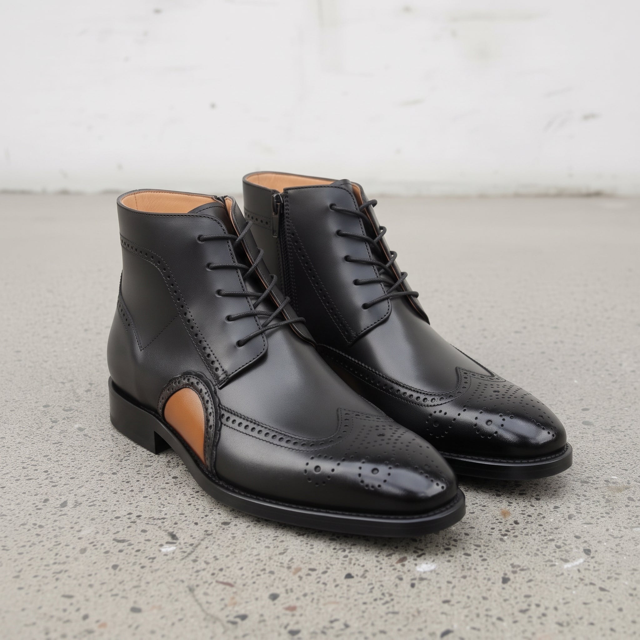 Men's Black and Tan Wingtip Leather Oxford Boots — Bulmer