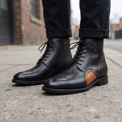 Men's Black and Tan Wingtip Leather Oxford Boots — Bulmer
