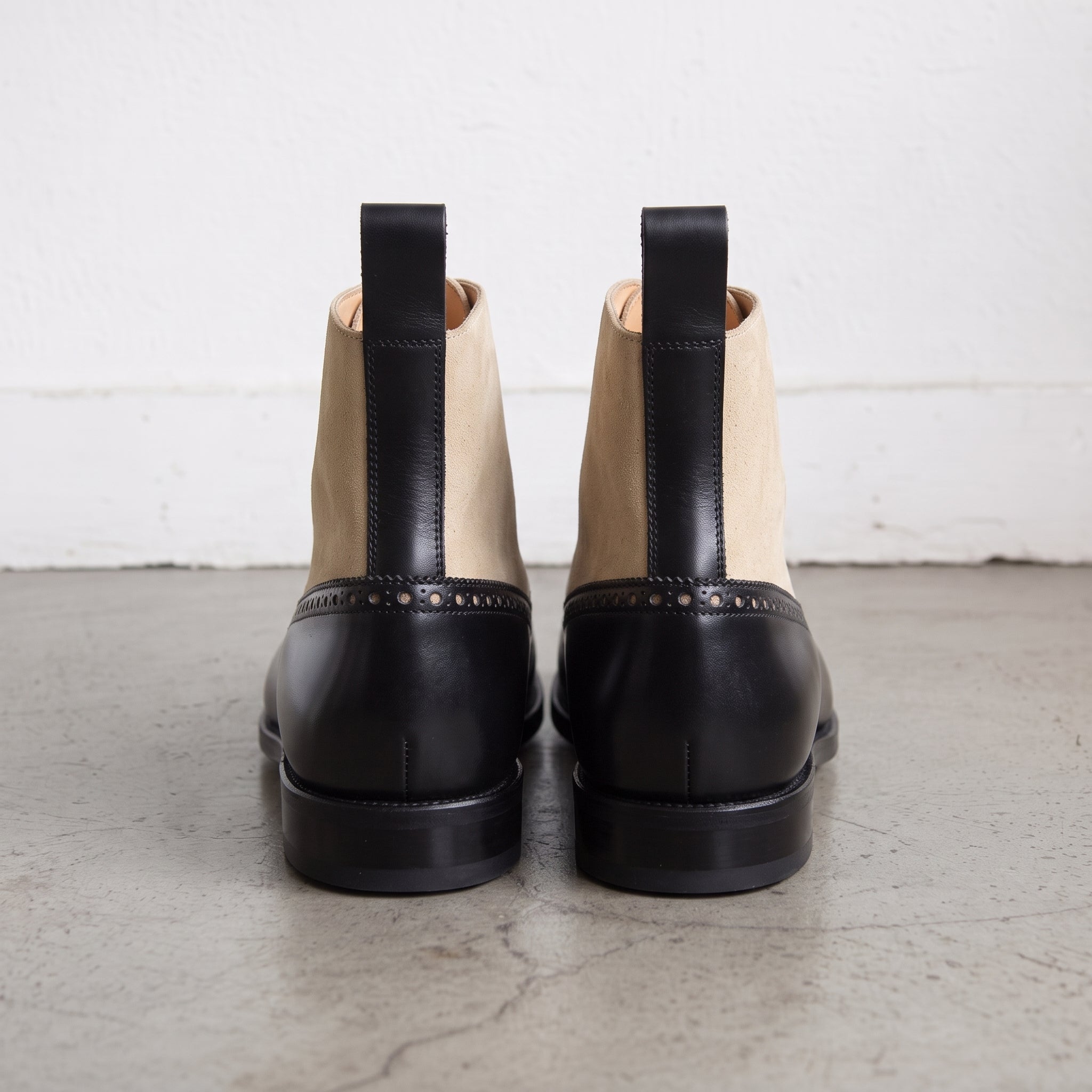 Men's Black and Tan Two-Tone Cap-Toe Leather and Suede Oxford Boots — Binham