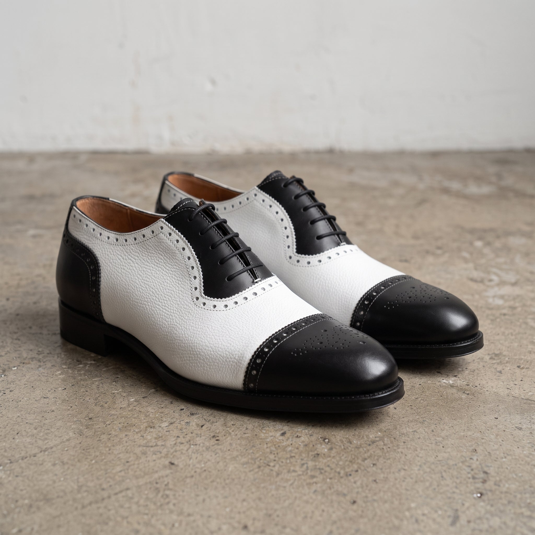 Men's Black and White Cap-Toe Pebbled Leather Spectator Oxfords — Brinton