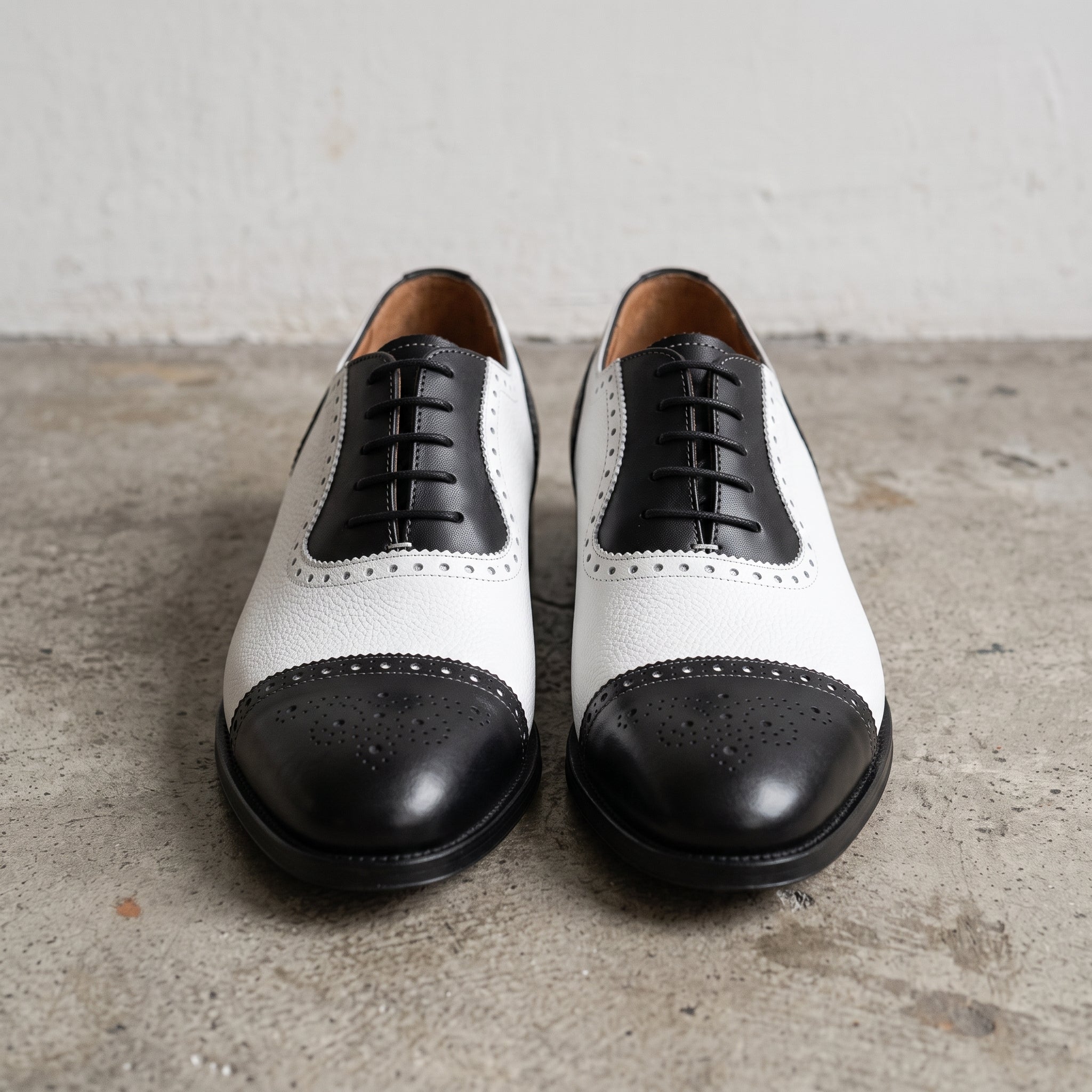Men's Black and White Cap-Toe Pebbled Leather Spectator Oxfords — Brinton