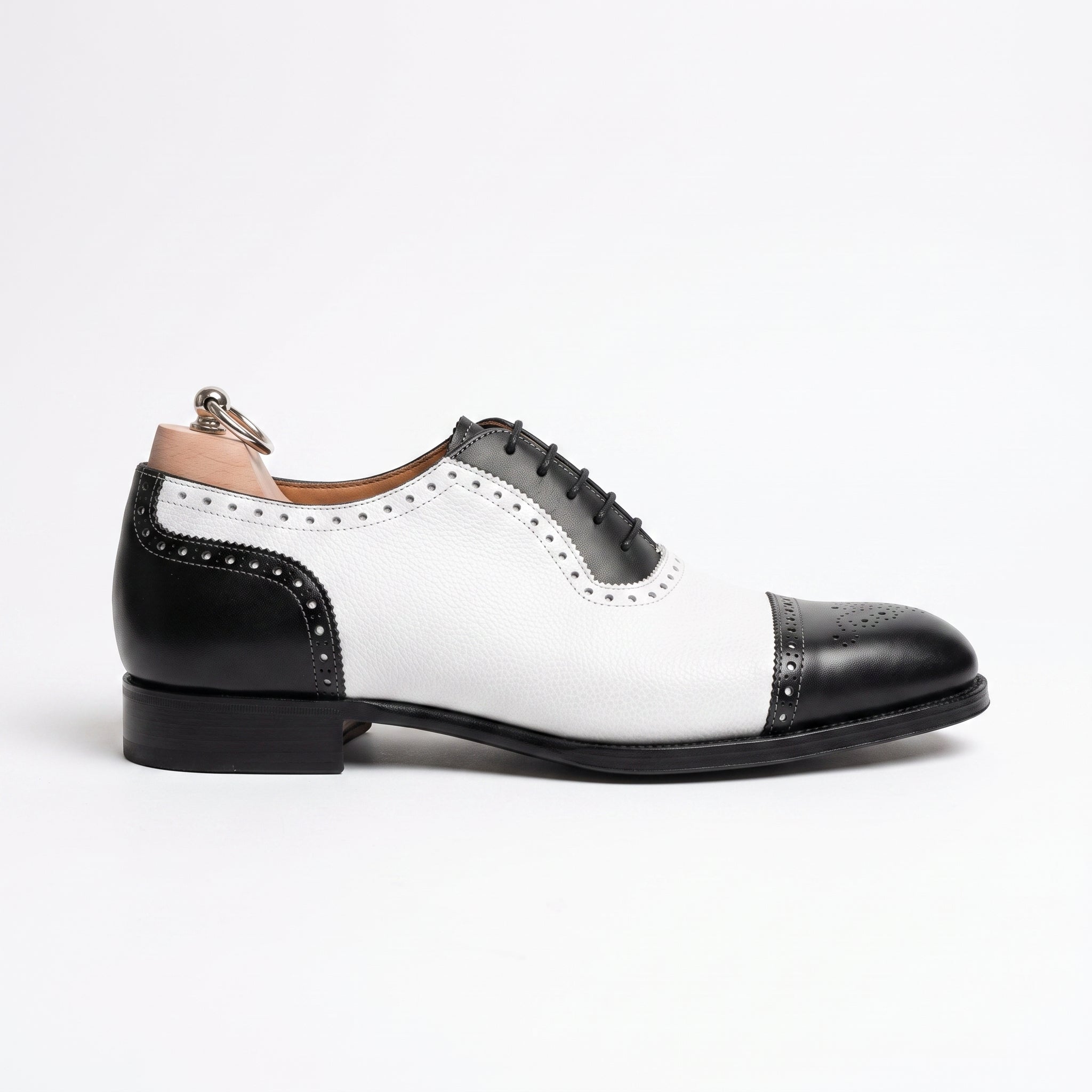Men's Black and White Cap-Toe Pebbled Leather Spectator Oxfords — Brinton
