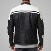 Men's Black and White Leather Biker Jacket — Adbury