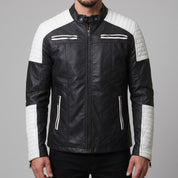 Men's Black and White Leather Biker Jacket — Adbury